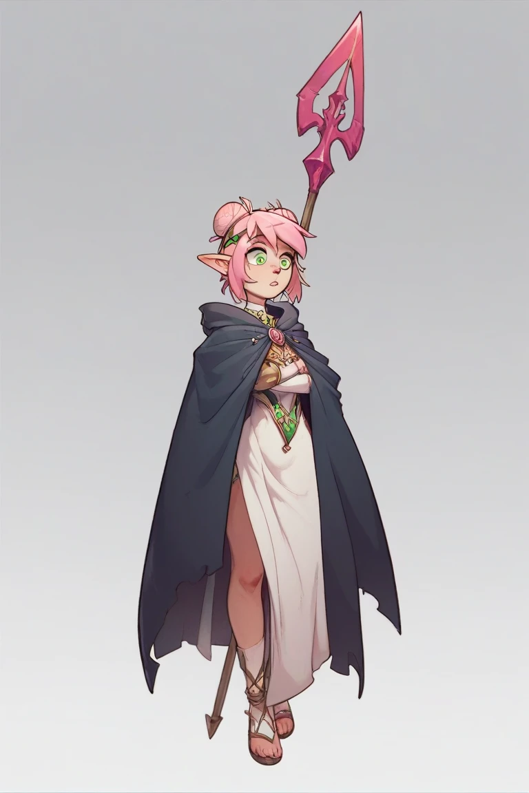 1 girl,white backround,pink hair tied in a bun, narrow green eyes, elf, spearwoman, black equipment, cloak, gloomy face,full length,hold iron spear