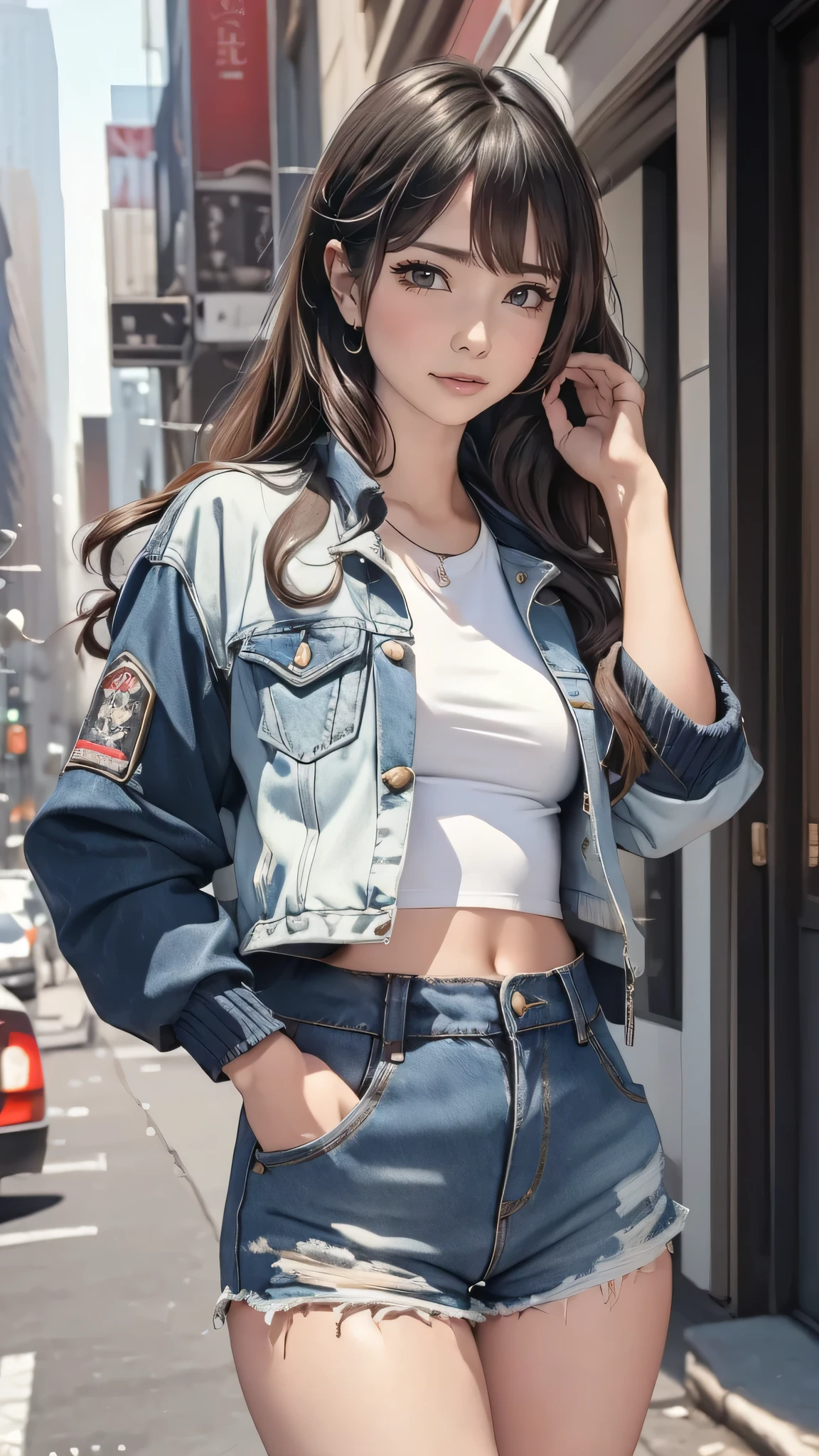 (((masterpiece,Highest quality:1.3,best quality illustration))),(( realistic :1.3)),cowboy shot,solo,1woman,(Mature Beauty),black hair,straight long hair,forehead,center parted bangs,black eyes,(gorgeous big eyes),((very small head:1.2)),blush,((very long body,skinny ,slender body)),((Navy blue baseball jacket)),small breasts,gleaming skin,oily skin,denim micro shorts,navel、Wearing a white tube top shirt and a blouson,on street,New York City、