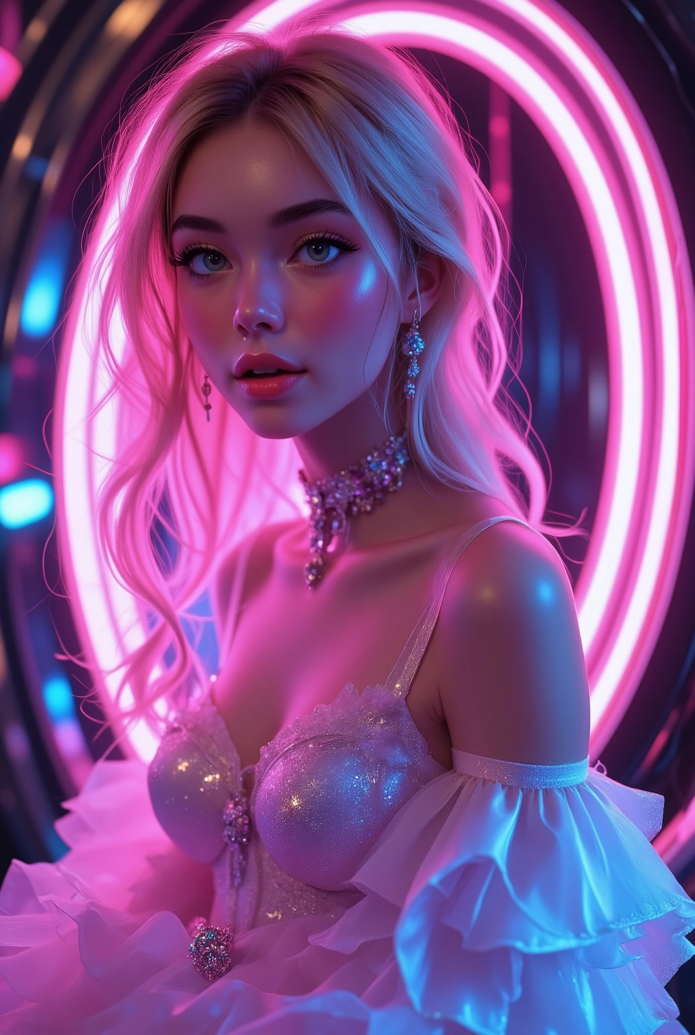 Photorealistic girl, nsfw blonde with green eyes named Elle. with clear features , big breasts (3 size)
that can use cosmic magic with long, delicate neon-transparent pink hair in front of the right shoulder, and neon glowing blue-blue eyes , middle breasts , in the background is a neon pink-black portal with cinematic lighting , she is wearing a light pinkish-blue gradient silk wedding dress with an exotic glow , and a shining diamond necklace , on her face are an expression of lazy and satisfied look , stands in a fascinating pose , ecstatic neckline and jawline ,( light skin with redness ) , ( aura, her ), Solo Levelling manhwa style , very clear and high resolution 8k