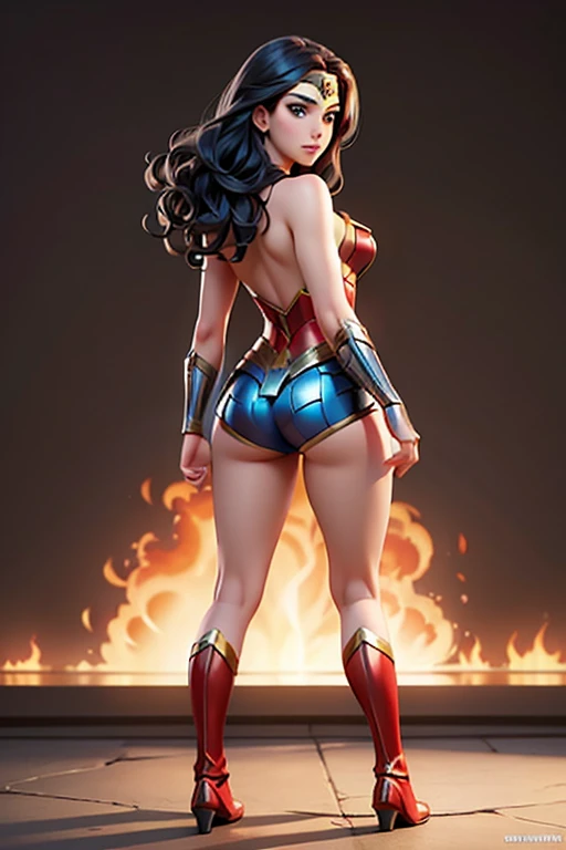 Wonder Woman, artwork, best quality, (extremely detailed 8k CG unity wallpaper), (best quality), (Best illustration), (best shade), absurderes, realistic lighting, (abyss), beautiful detailed glowing, art by Peter MohrBacher, from below, Hyperrealism, from behind