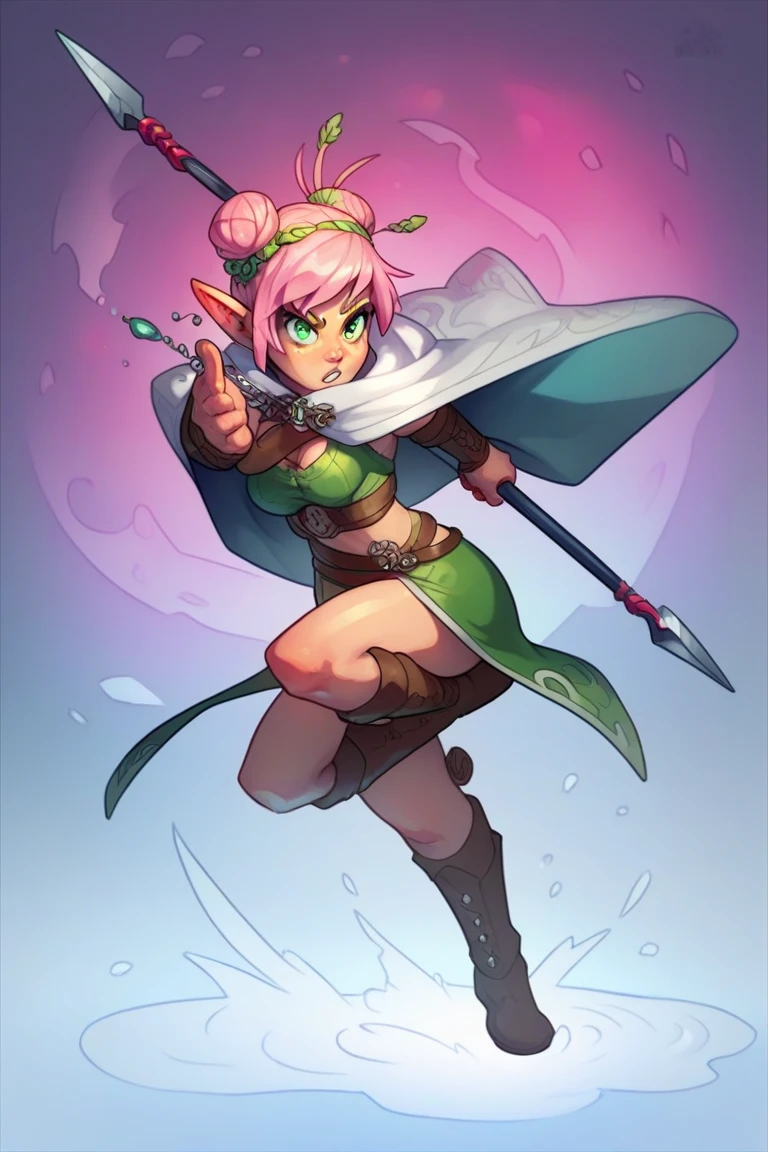 1 girl,white backround,pink hair tied in a one bun, narrow green eyes, elf, spearwoman, black equipment, cloak, calm face,full length,hold iron spear,fighting stance, ready to attack