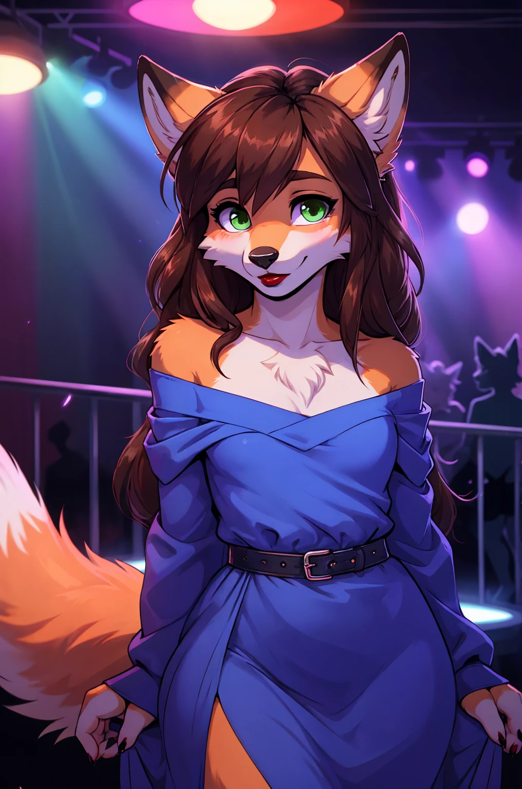 Best quality, furry male fox with green eyes, with brown long hair, with black spout, with red lipstick on lips, big lips, in a blue dress, crossdressing, shy, with a choker around his neck, off-the-shoulder dress, flirts, sexy pose, portrait, against the backdrop of an empty nightclub