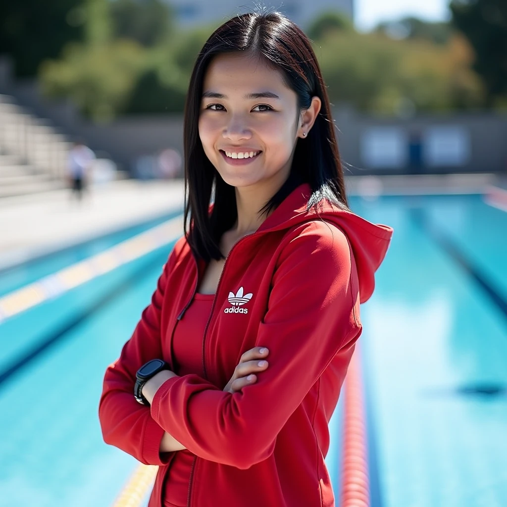 "Professional photographic shot of a beautiful young swimming coach. She has shoulder-length black hair. Her bright black eyes are fixed on the viewer. Her body is slim. She is wearing a red swimsuit under a red adidas jacket. She is holding a stopwatch in her hand. She is standing next to an Olympic-sized swimming pool. Outdoors, natural light, depth of field, vivid colors, Full body"