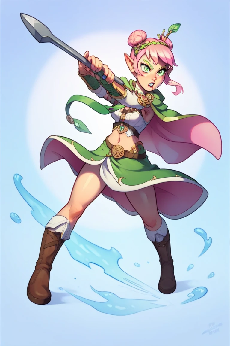 1 girl,white backround,pink hair tied in a one bun, narrow green eyes, elf, spearwoman, modest black equipment, cloak, calm face,full length,hold iron spear,fighting stance, ready to attack