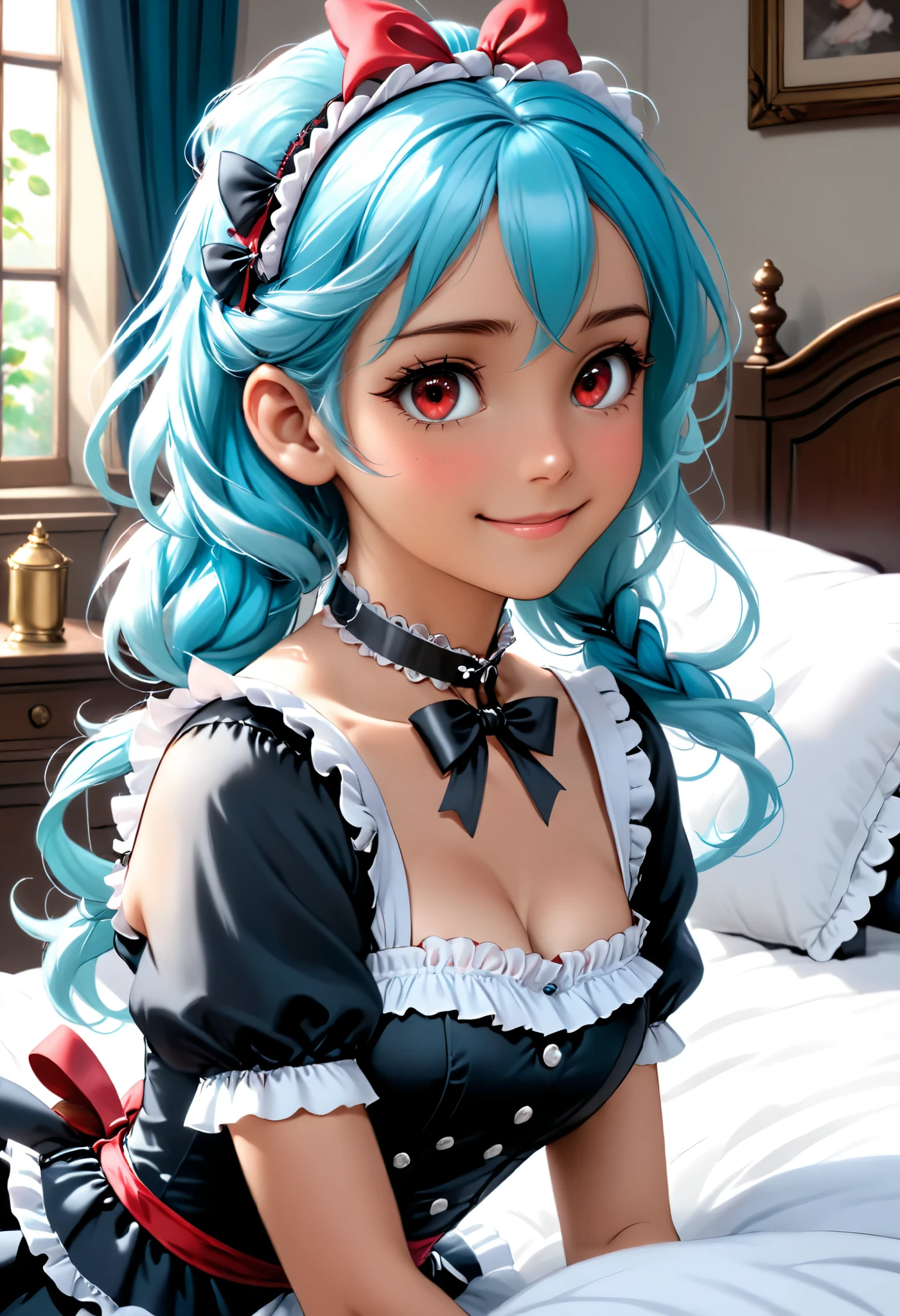 (Realistic), japan anime, (masterpiece, high quality), beautiful eyes, lying on bed, sleep, medium hair with red highlights, red eyes, maid outfit, black dress with white frills, white apron with black bows, spiked choker, big smile,wrapped in red ribbons, dressed like a charming myth present,arched back, leaning back, from the side, black gloves, belt with red ribbon, white ruffled headband, colored inner hair, multicolored hair, two-tone hair,lamiapgr, turquoise hair, long hair, braided hair,Every detail of her meticulously crafted features, from her delicate eyelashes to her subtle blush, enhances her ethereal charm.