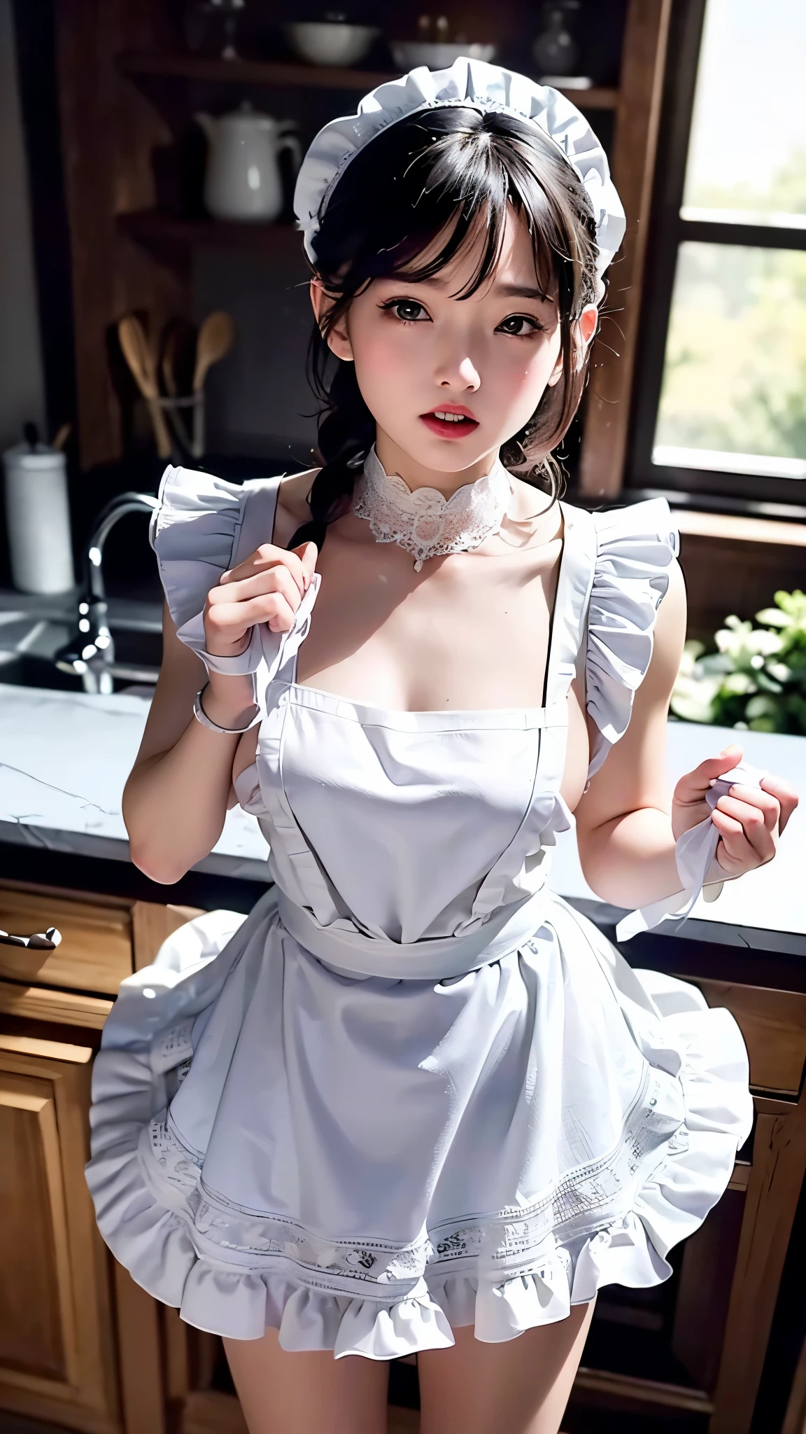 8k、Enchanting girl, Very detailed,Audrey Hepburn, Exquisite decorative details 、Stylish apron、 Very intricate details 、 Realistic Light, Very intricate details 、 Realistic Light,apron,sideboob、Put your hands behind your back