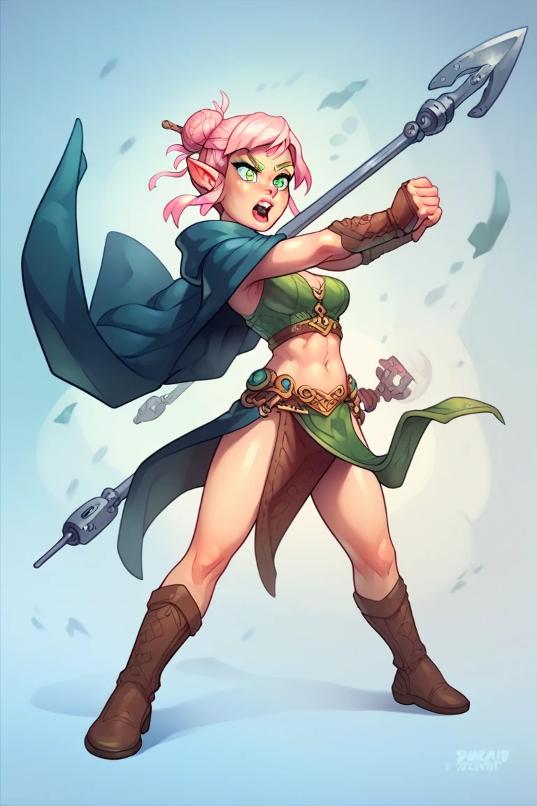 1 girl,white backround,pink hair tied in a one bun, narrow green eyes, elf, spearwoman, closed cloth, black equipment, cloak, calm face,full length,hold iron spear,fighting stance, ready to attack