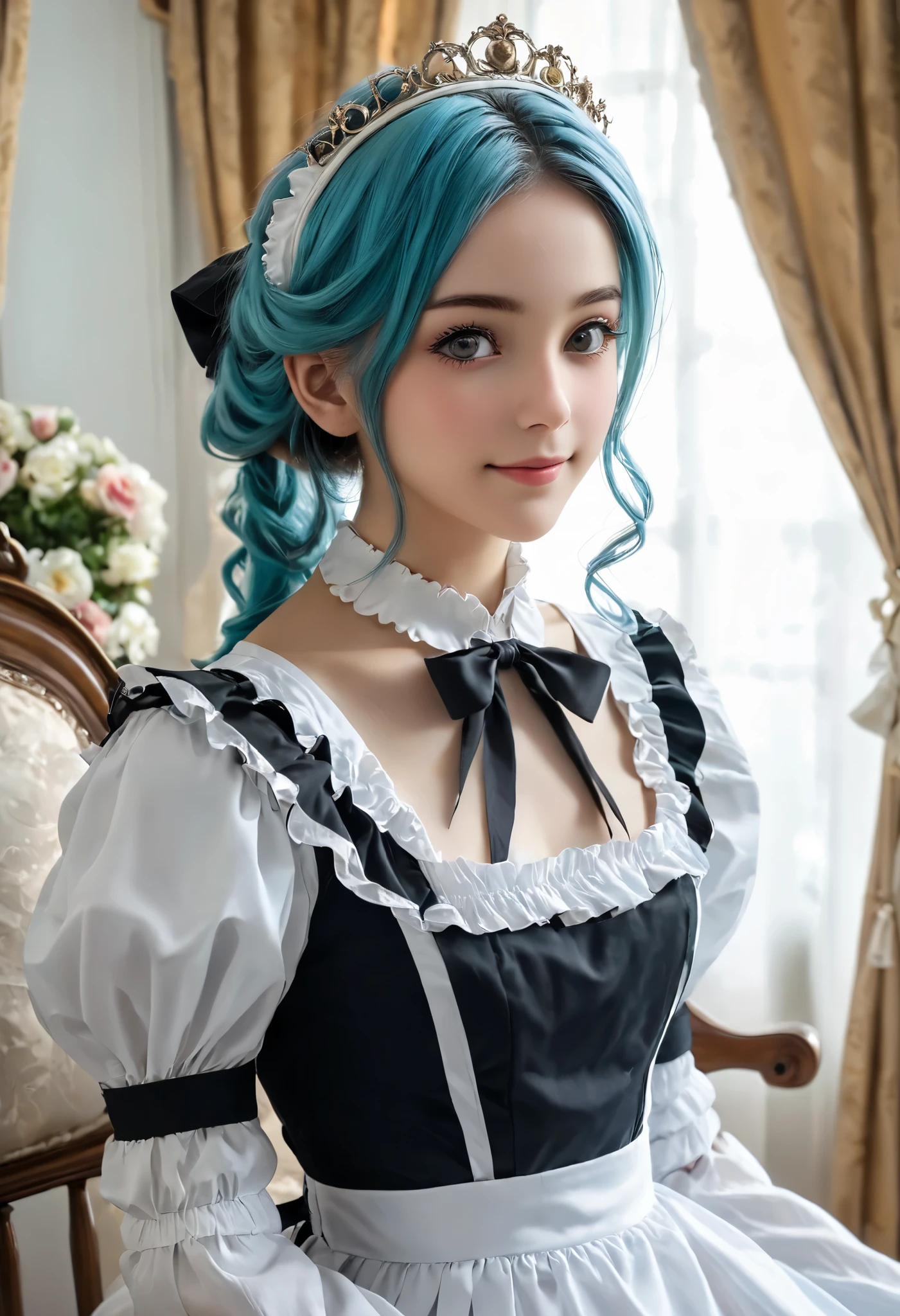 (Realistic), japan anime, (masterpiece, high quality), beautiful eyes, lying on bed, sleep, medium hair with red highlights, red eyes, maid outfit, black dress with white frills, white apron with black bows, spiked choker, big smile,wrapped in red ribbons, dressed like a charming myth present,arched back, leaning back, from the side, black gloves, belt with red ribbon, white ruffled headband, colored inner hair, multicolored hair, two-tone hair,lamiapgr, turquoise hair, long hair, braided hair,Every detail of her meticulously crafted features, from her delicate eyelashes to her subtle blush, enhances her ethereal charm.