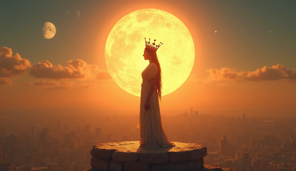  Create the image of a first-century Jewish woman suspended in the sky above the city of Jerusalem with the sun behind her head and with a crown over her head with 12 stars. Let this stand on a disc similar to the moon 