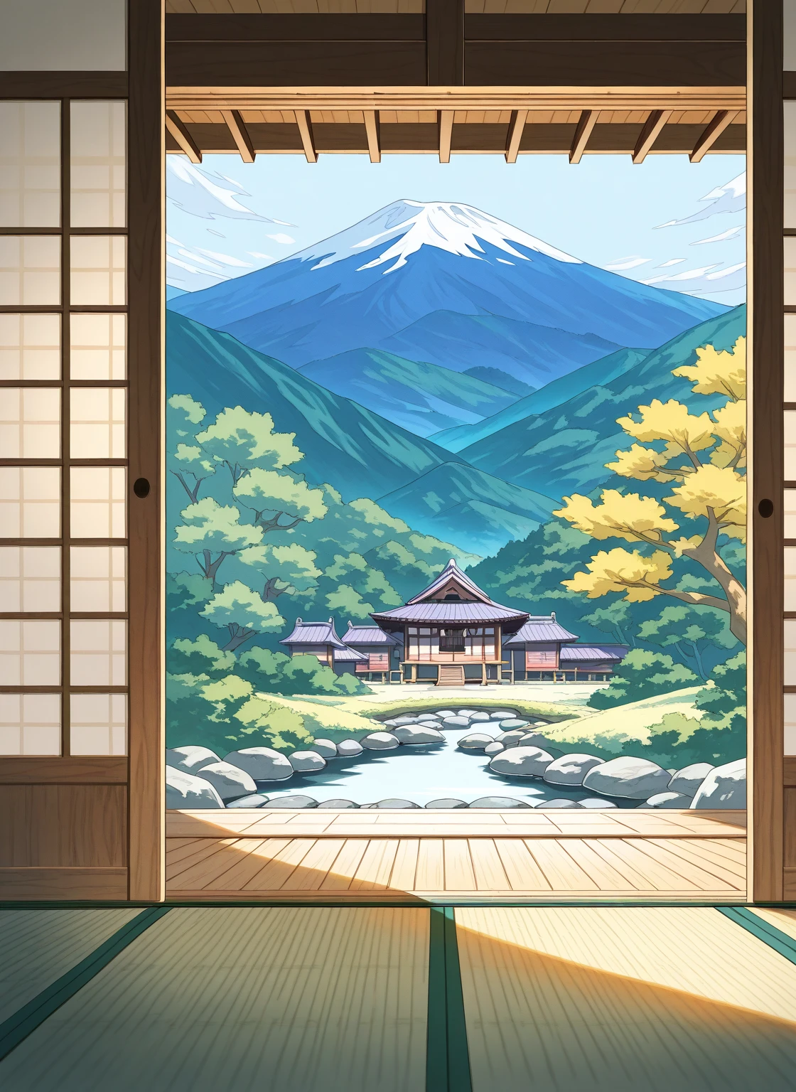 world flipper, Traditional Japanese house, tatami, exterior view, traditional Japanese pond, sakura trees, mountains in the distance, front view, blurred, masterpiece, good quality