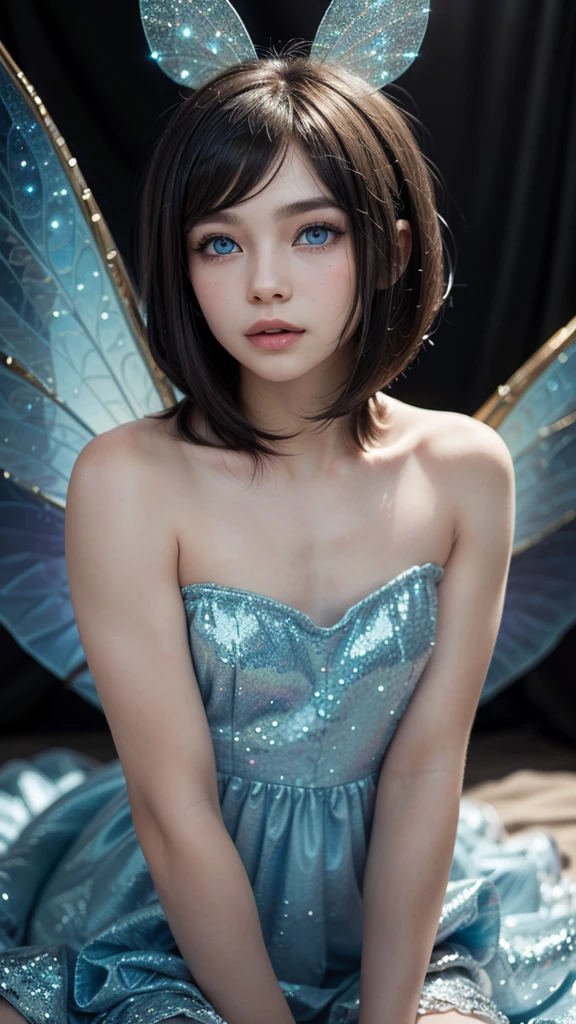 Delicate curvaceous sultry slutty fairy, kneeling with body sideview to camera in a tranquil atmosphere, her sky-blue messy pixie cut and matching sky-blue eyeshadow radiating an ethereal glow. Sapphire blue eyes sparkle with vulnerability as she gazes directly at the camera. Her massive breasts, large round ass, tiny waist, and curvaceous thighs are accentuated by the sheer white and blue tiny nightgown, hemline of nightgown is very short. Glowing blue lipstick adds a mesmerizing touch to her round feminine face, pair of fairy wings on back.