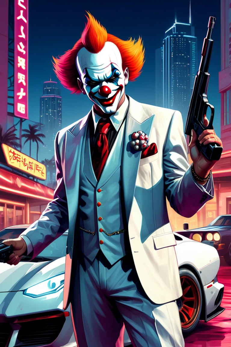 GTA pimp thug (art the clown from "terrifier") holding guns on a redish digital cybernetic miami casino (luxurious) ((gta style)) (illustration, vector), cyberpunk, neon lights. city lights. 4k detail. ((dynamic pose, perspective angle, dynamic shot)). artwork fusion by inhyuk lee, alex ross, sorayama, artgerm and mark brooks. artstation masterpiece. creative. creative gestures. fine line watercolor wash and oil paint. cinematic composition. comic-ish. realistic face. accurate hand grip. (need for speed modern cars in background). accurate proportions. smooth, (Vector:0.8)