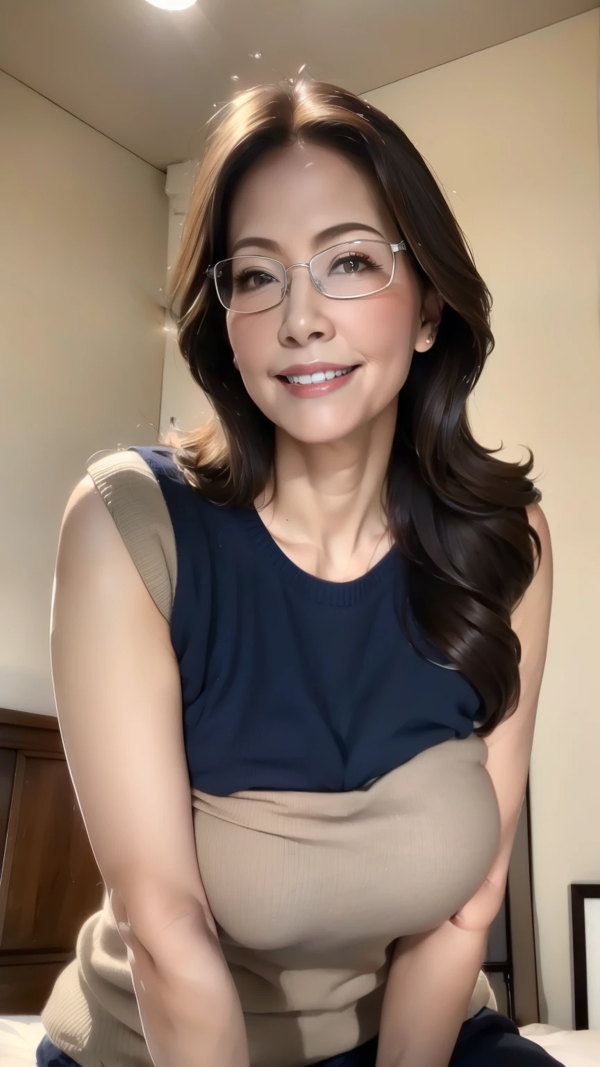 nsfw:1.4、(a masterpiece portrait of a woman with ultra detailed features, in 8K resolution, with crisp quality and vibrant colors), (from front, look at viewer), 70 year old housewife's raw treatment service , Wearing glasses、Mature women、(Costume:random)、(Hairstyle:random)、 Helping with  with a Gentle Smile、 standing on all fours on the bed in service、 happy face。situation: Business Trip Onna Support Service 、Wearing a wedding ring。