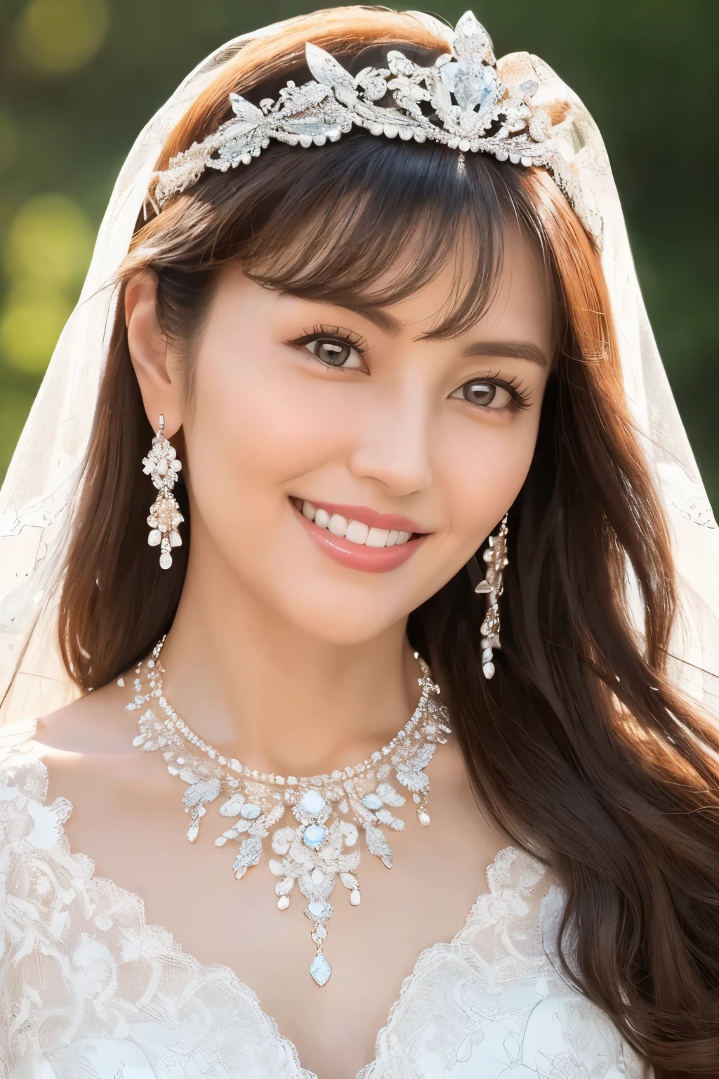 A close up of a woman wearing a wedding dress and a tiable - SeaArt AI