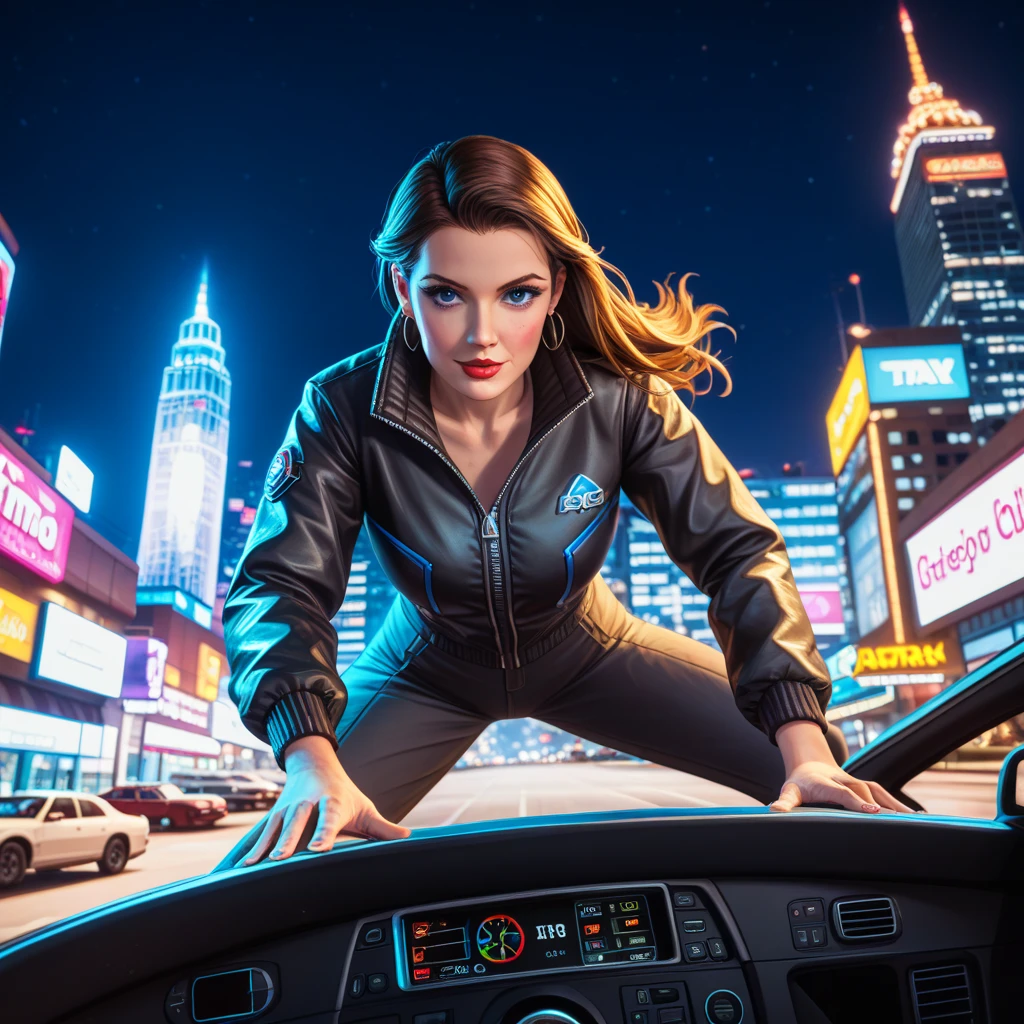 GTA pimp thug (ana de armas) holding guns on a redish digital cybernetic miami casino (luxurious) ((gta style)) (illustration, vector), cyberpunk, neon lights. city lights. 4k detail. ((dynamic pose, perspective angle, dynamic shot)). artwork fusion by inhyuk lee, alex ross, sorayama, artgerm and mark brooks. artstation masterpiece. creative. creative gestures. fine line watercolor wash and oil paint. cinematic composition. comic-ish. realistic face. accurate hand grip. (need for speed modern cars in background). accurate proportions. smooth, (Vector:0.8)