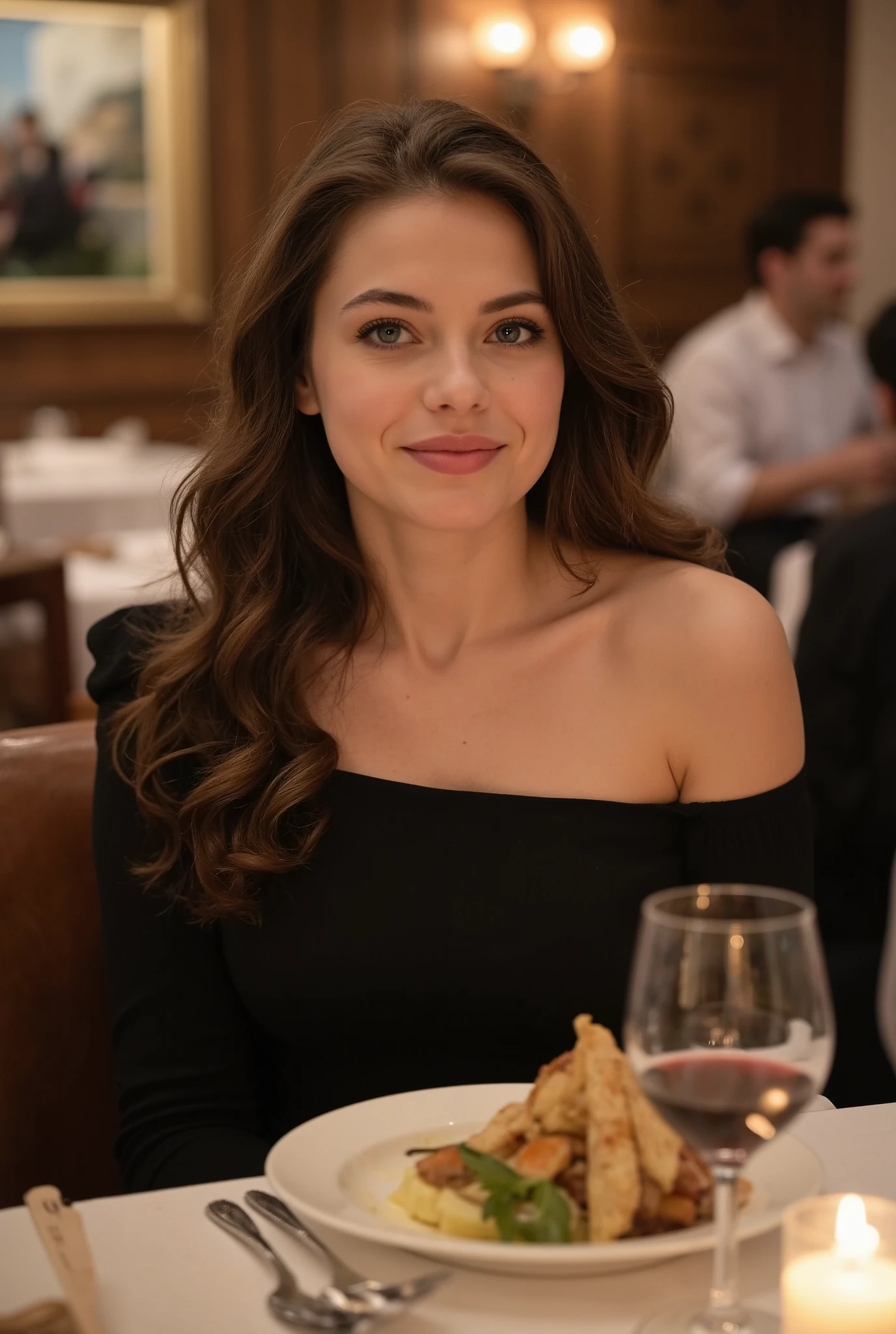 Selfie of a 30-year-old slim woman with long brown hair styled in loose curls and blue-grey eyes, sitting at an upscale restaurant table. She’s dressed in a black off-shoulder dress,  a glass of red wine, with a beautifully plated dish and candlelight on the table. The background shows a bokeh effect of elegant décor and other diners.