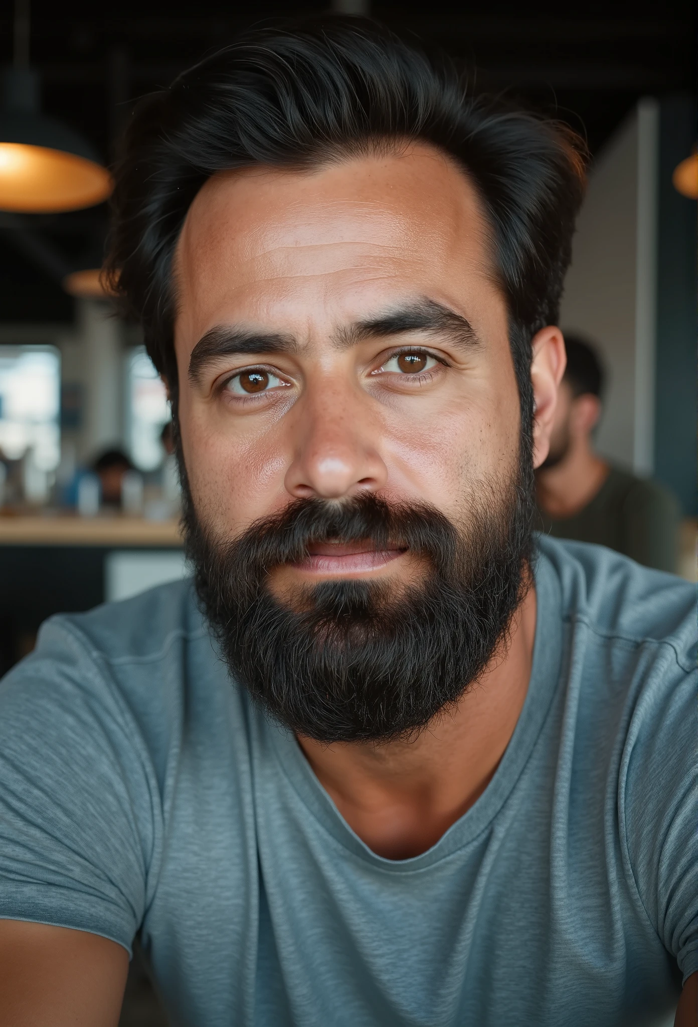 Ultra-realistic 8K mid-shot portrait of a masculine, lean, and muscular man with a well-groomed beard, aged 39, wearing a fitted shirt. Captured from the waist up, showcasing defined arms, shoulders, and upper torso with realistic muscle tone. Highly detailed facial features, including a sharp jawline, expressive eyes, and natural skin textures. Photorealistic lighting emphasizes lifelike clothing textures, visible folds, and fine details. Subtle body hair and detailed hands with a natural pose. Balanced HDR tones with cinematic natural lighting. Shot with a DSLR camera using a 50mm lens, delivering ultra-detailed textures, realistic proportions, and a lifelike scene. (Best quality, 8K, highres, masterpiece:1.2), (photorealistic, realistic:1.37), ultra-realistic textures and lighting