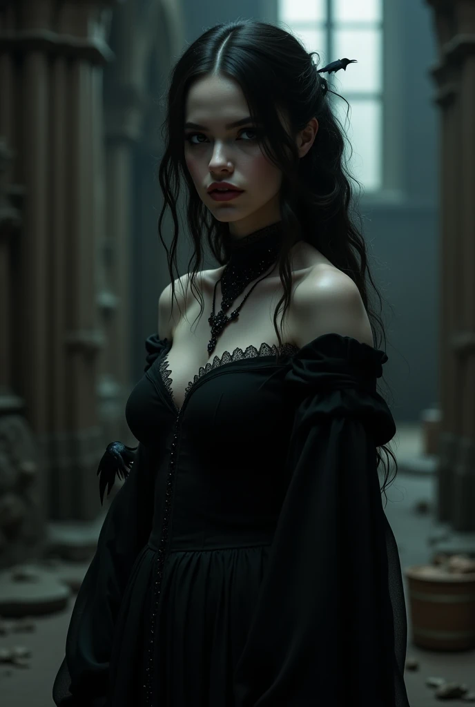 Generate a high-quality, artistic image featuring an adult, beautiful woman version of Himiko Toga from 'My Hero Academia', styled in an elegant gothic fashion. She should appear cool, pretty, and mature, embodying the essence of a sophisticated gothic theme. Include Pikachu from Pokémon as a classic, separate character in the scene. The setting should be a dynamic and rain-soaked environment, emphasizing a moody and atmospheric gothic ambiance. The focus is on detailed, sophisticated character design, with striking contrasts in colors and textures, to ensure the composition is visually captivating and artistically appealing.