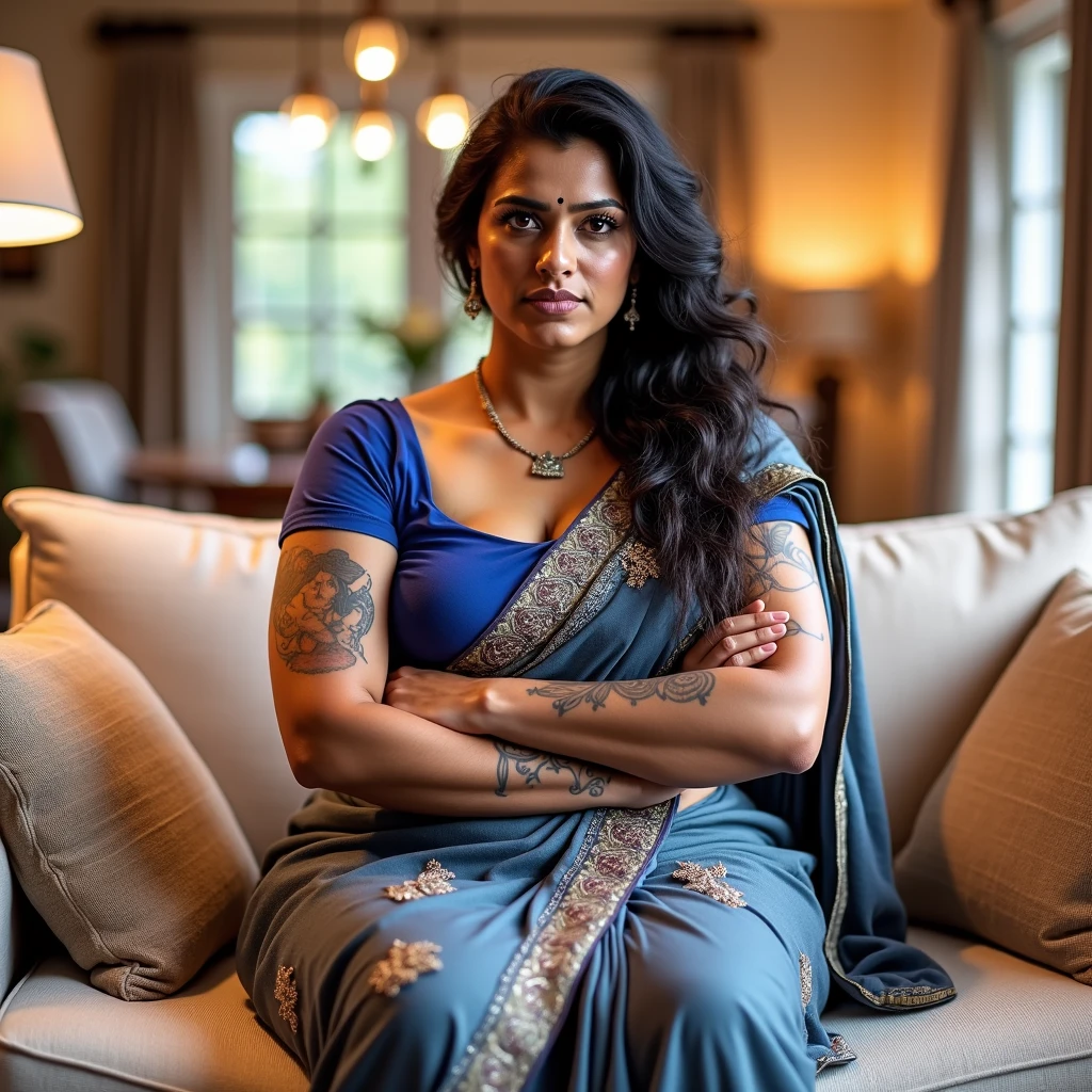 A realistic image of a 30-year-old Indian woman with a curvy body, sitting on a couch in a cozy living room. She is wearing a black saree with intricate patterns, and her long black hair is tied back. The woman has an angry expression, with her arms crossed and a stern look on her face. The setting includes soft lighting and warm colors, emphasizing her displeased mood as she sits upright on a cushioned couch.