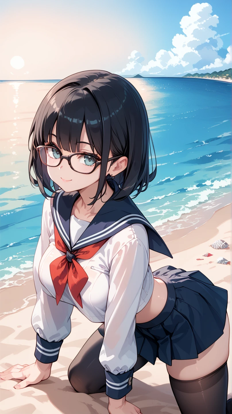 (8K、RAW photo、highest quality、masterpiece:1.2)、detailed background、beautiful and detailed face、beautiful and smooth skin、skin texture、professional lighting、Black square glasses 、cute teen girl,Cute Ponytail,(big breasts:1.2), wet white thin babydoll, sailor color、(big breasts:1.2)、sexual expression, cute hairstyle, panty shot, I can see through my clothes,Lying on the beach、Show 1'~ side、emphasize the chest