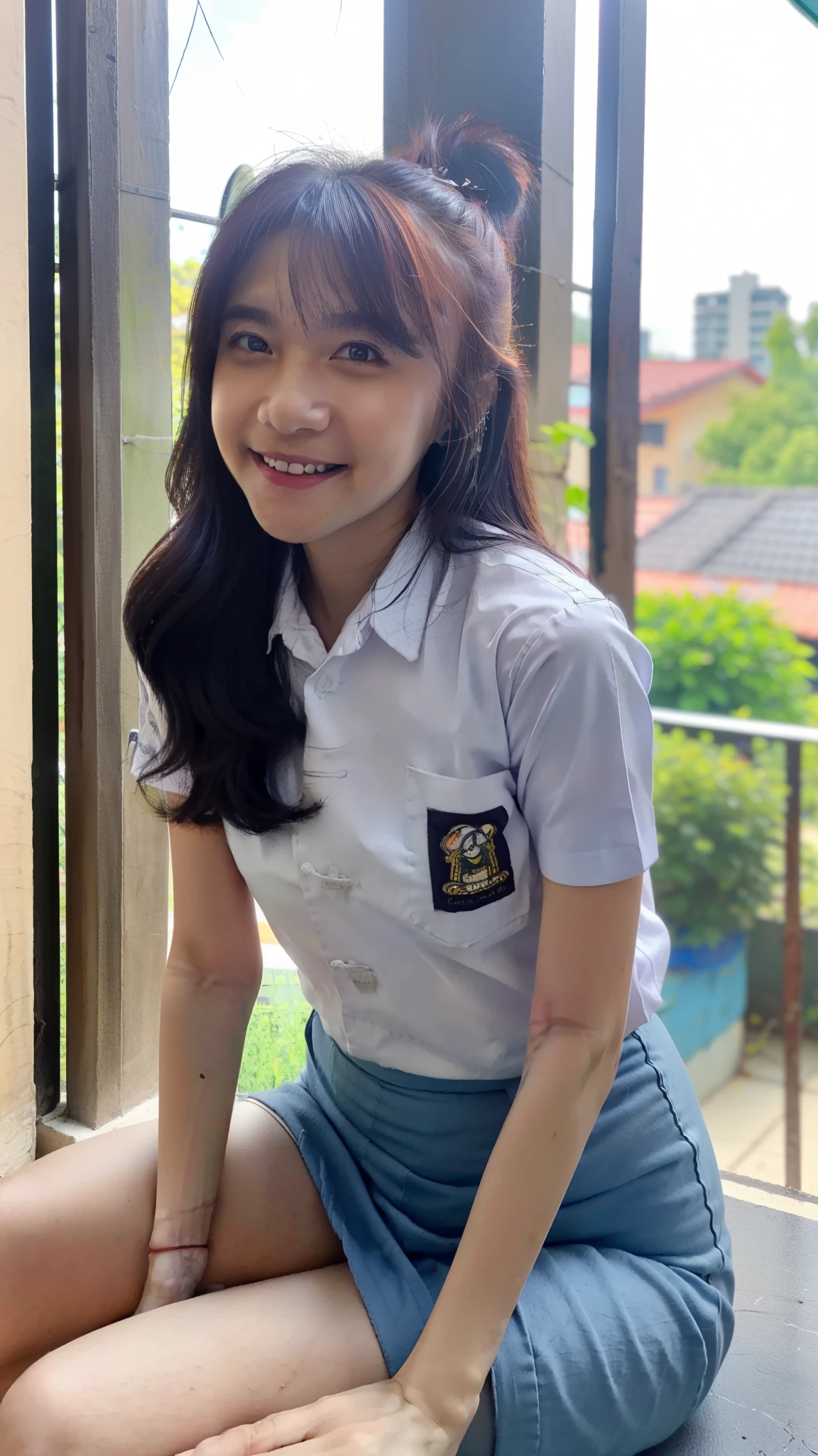 (8k, RAW photo, best quality, mastery:1.3), (realistic, photo-realistic:1.37), (looking viewer:1.331), posing Seductively, living room, soft light, 15 year old girl, short body, beautiful thighs, smaller chest, brunette hair, long hair, smile, sitting, wide open legs, (school uniform shirt, white shirt, short sleeves), blue mini skirt