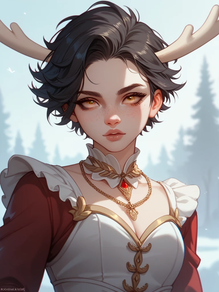 tomboy fallen angel, short wavy disheveled black hair, golden eyes, with a pair of deer antlers sticking out from her forehead, freckles, wearing a servant outfit