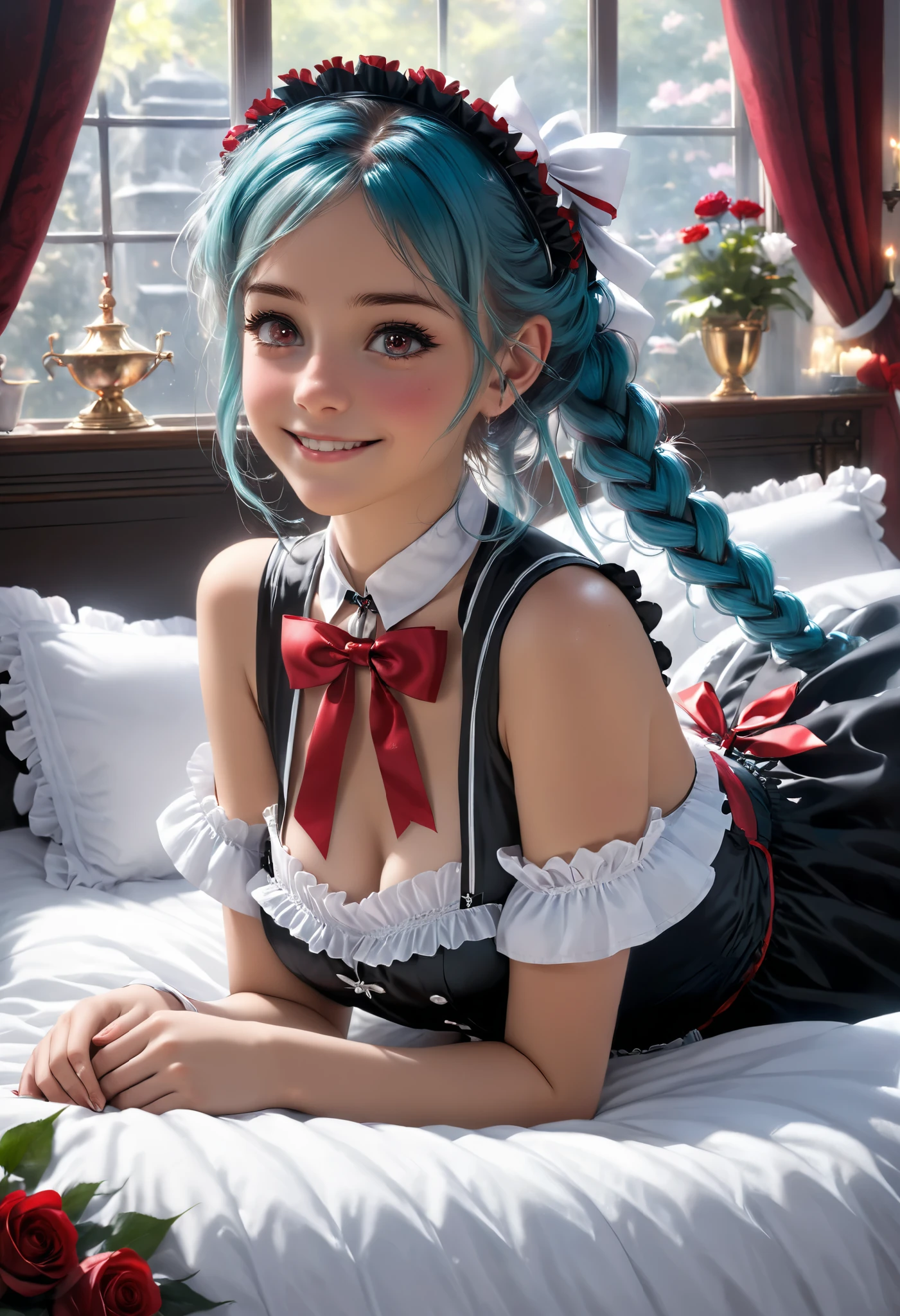 (Realistic), japan anime, (masterpiece, high quality), beautiful eyes, lying on bed, sleep, medium hair with red highlights, red eyes, maid outfit, black dress with white frills, white apron with black bows, spiked choker, big smile,wrapped in red ribbons, dressed like a charming myth present,arched back, leaning back, from the side, black gloves, belt with red ribbon, white ruffled headband, colored inner hair, multicolored hair, two-tone hair,lamiapgr, turquoise hair, long hair, braided hair,Every detail of her meticulously crafted features, from her delicate eyelashes to her subtle blush, enhances her ethereal charm.