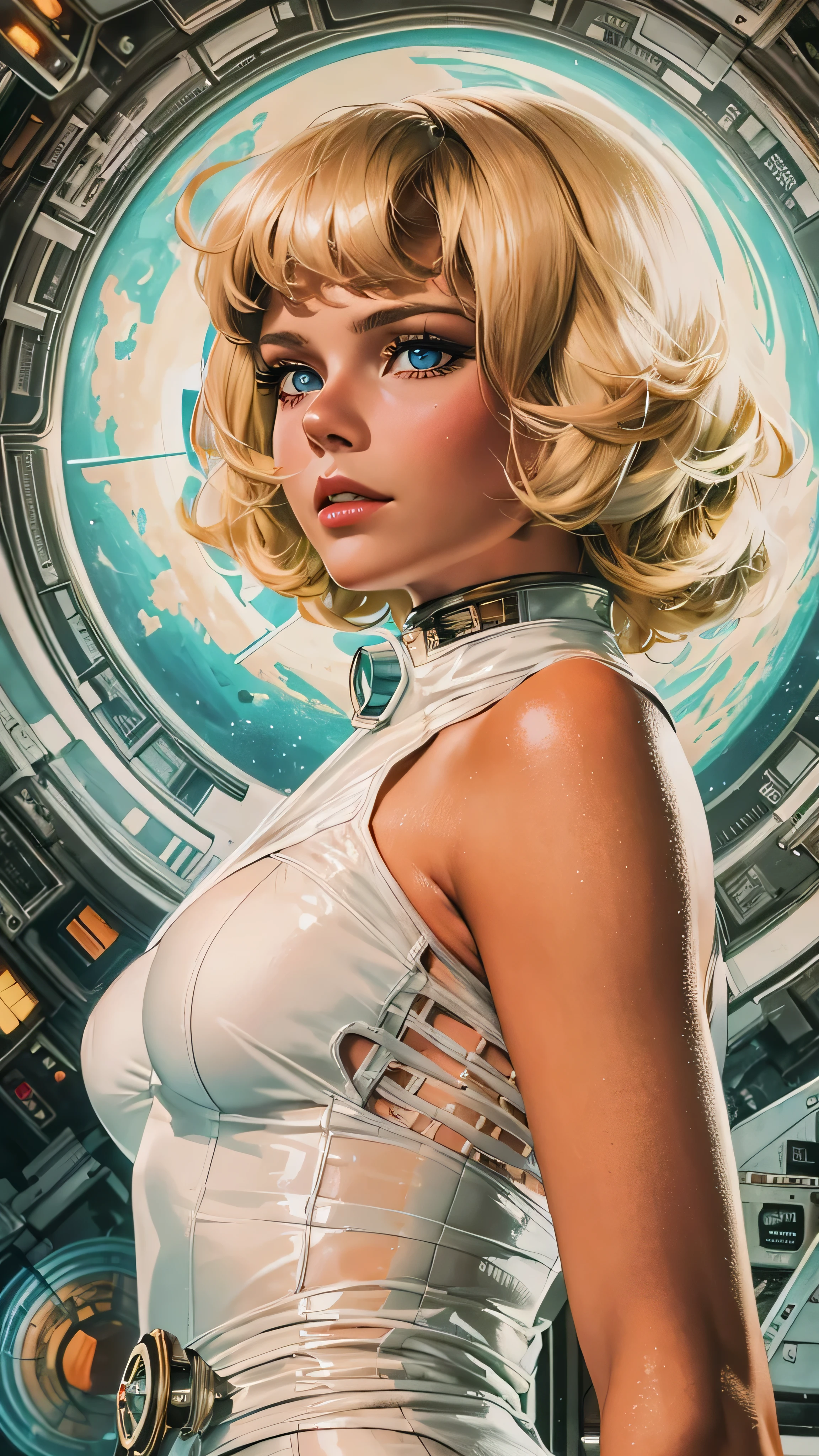 1girl,1950s retro comic,sci-fi,slender hot blonde,realistic proportions,tight jumpsuit,cleavage,looking at camera,(best quality,4k,8k,highres,masterpiece:1.2),ultra-detailed,(realistic,photorealistic,photo-realistic:1.37),HDR,studio lighting,extreme detail description,professional,vivid colors,concept art