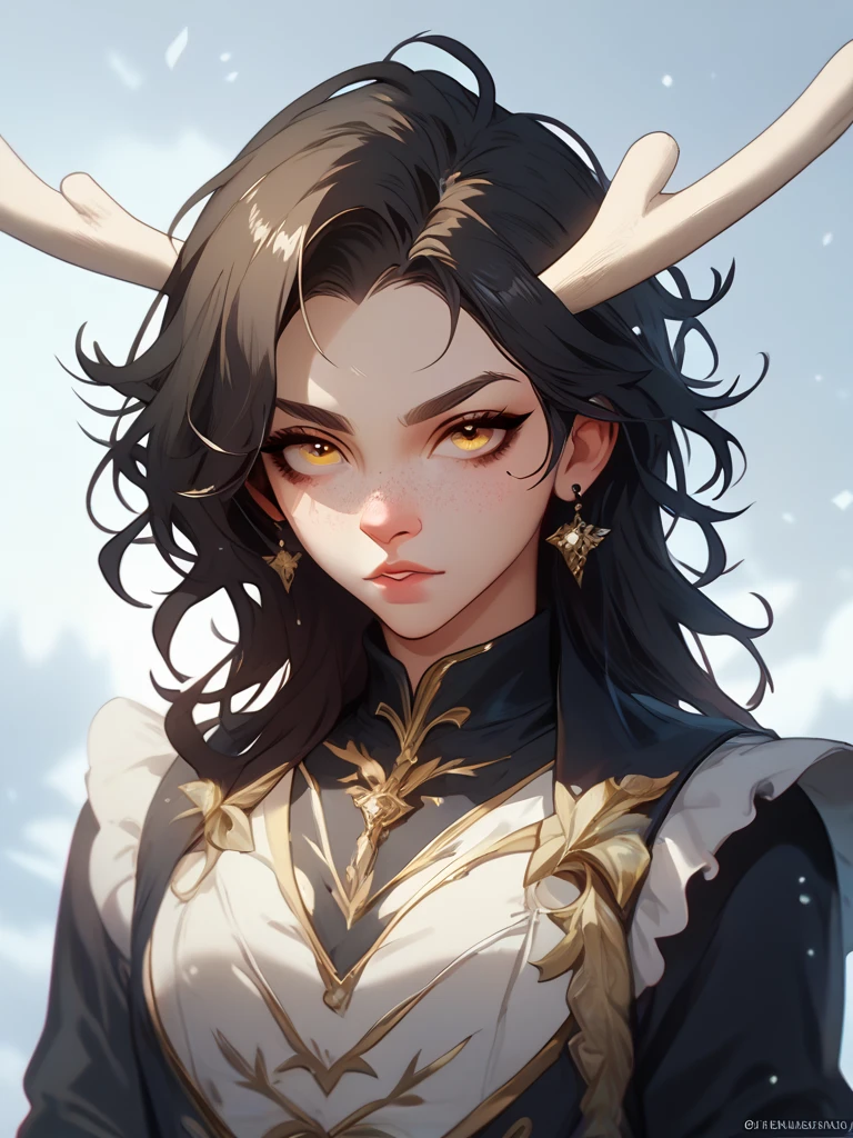 tomboy fallen angel, short wavy disheveled black hair, golden eyes, with a pair of deer antlers sticking out from her forehead, freckles, wearing a servant outfit