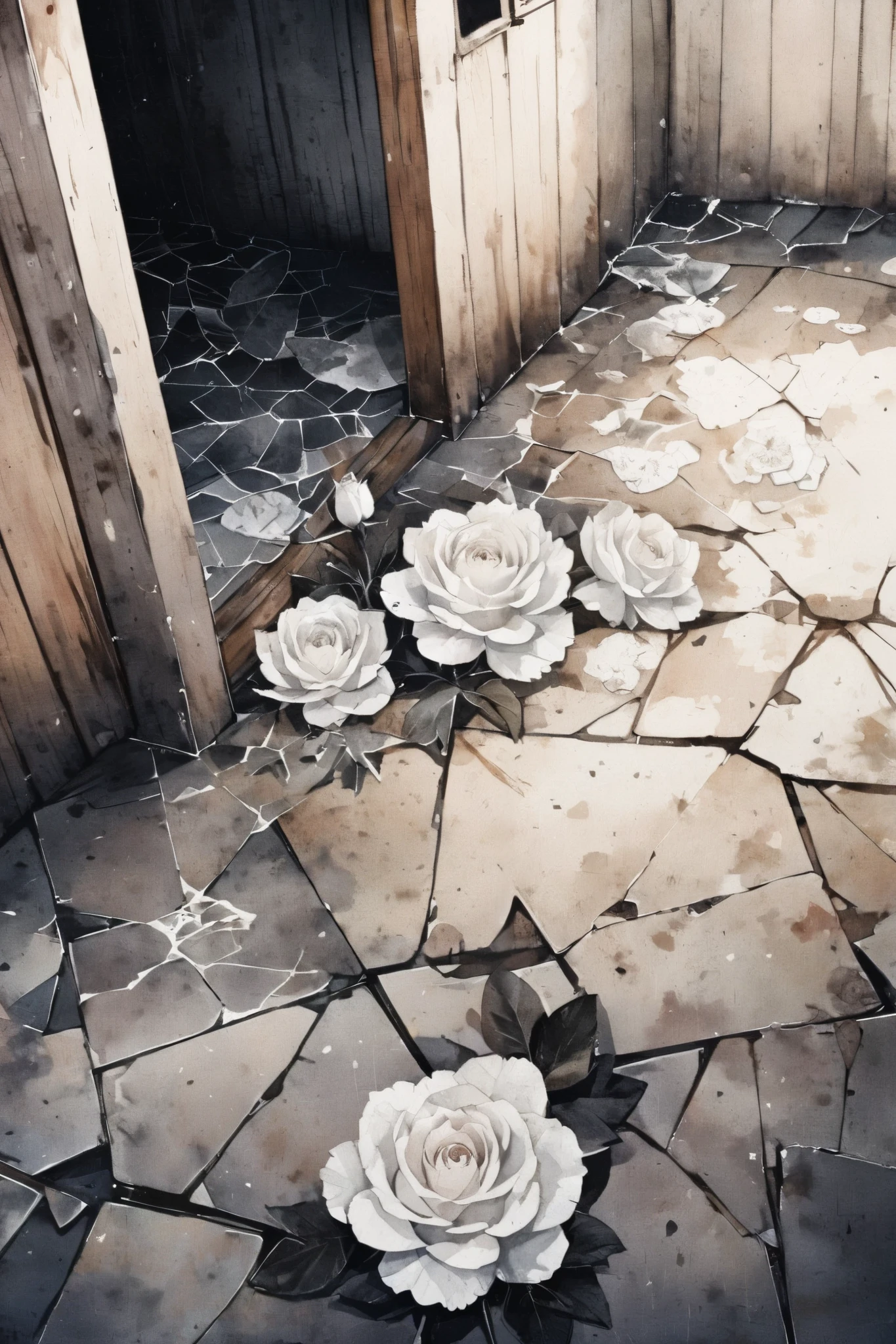 A beautiful white rose shattered on a dirty stone floor in an old shed,  in watercolor style 