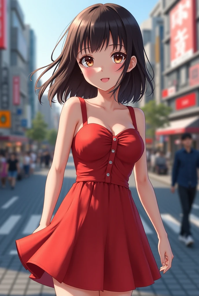 1girl, adoult, solo, summer, village, trees, sun, clouds, chestnut hair, curly hair, side ponytail, large breasts, beautiful red dress, sleeveless dress, roses on dress, roses in hair, dark blue eyes, cleavage 1:3, brown shoes, grin, looking at the viewer, standing, hair ribbon, golden necklate