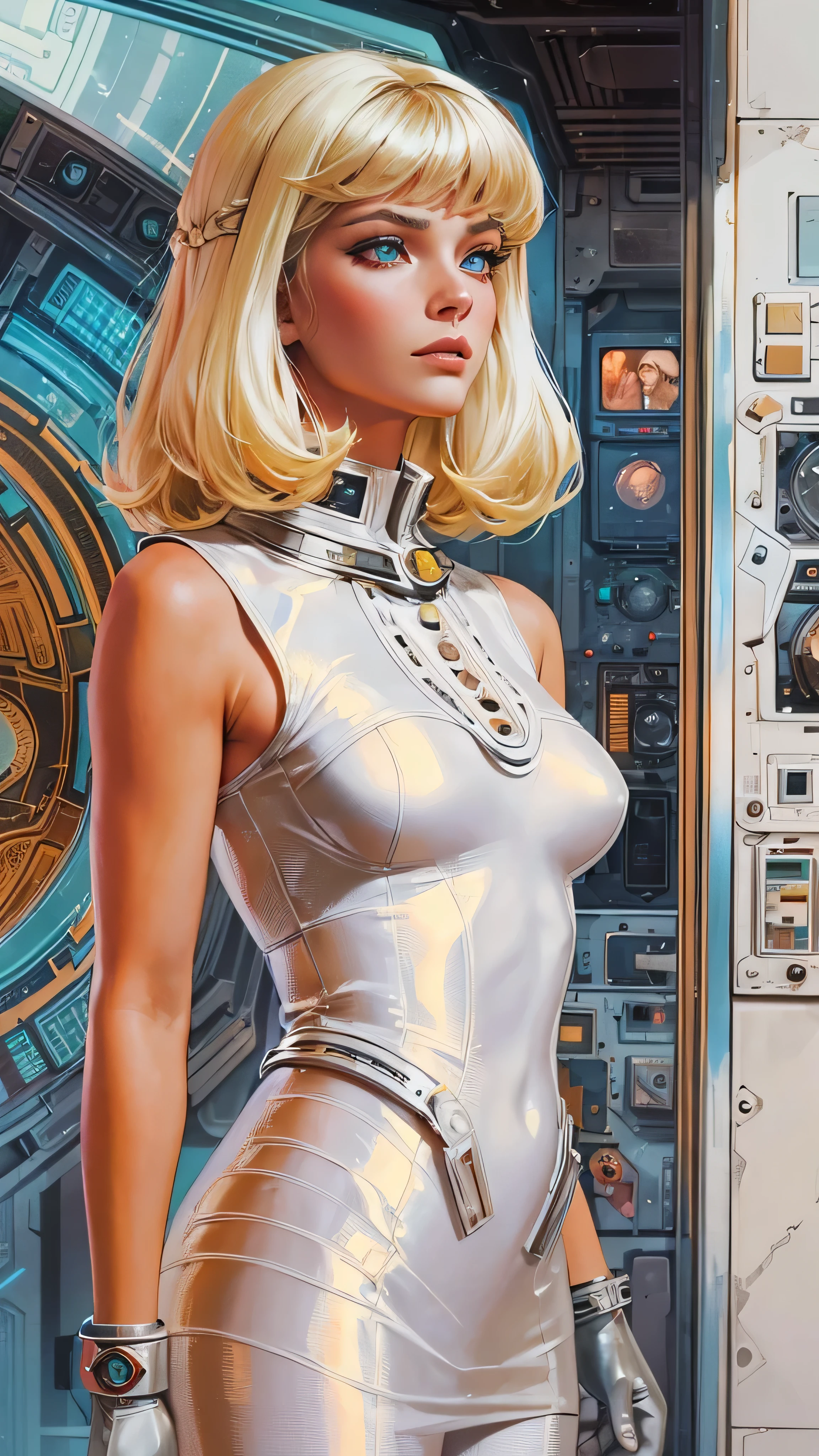 Ginger Lynn as a beautiful woman wearing a white scifi bodysuit artstyle by Adam Hughes, masterpiece, perfect pose, high quality, fine lines, thin strokes, ink painting style, soft colors, flowing brushstrokes, low angle,