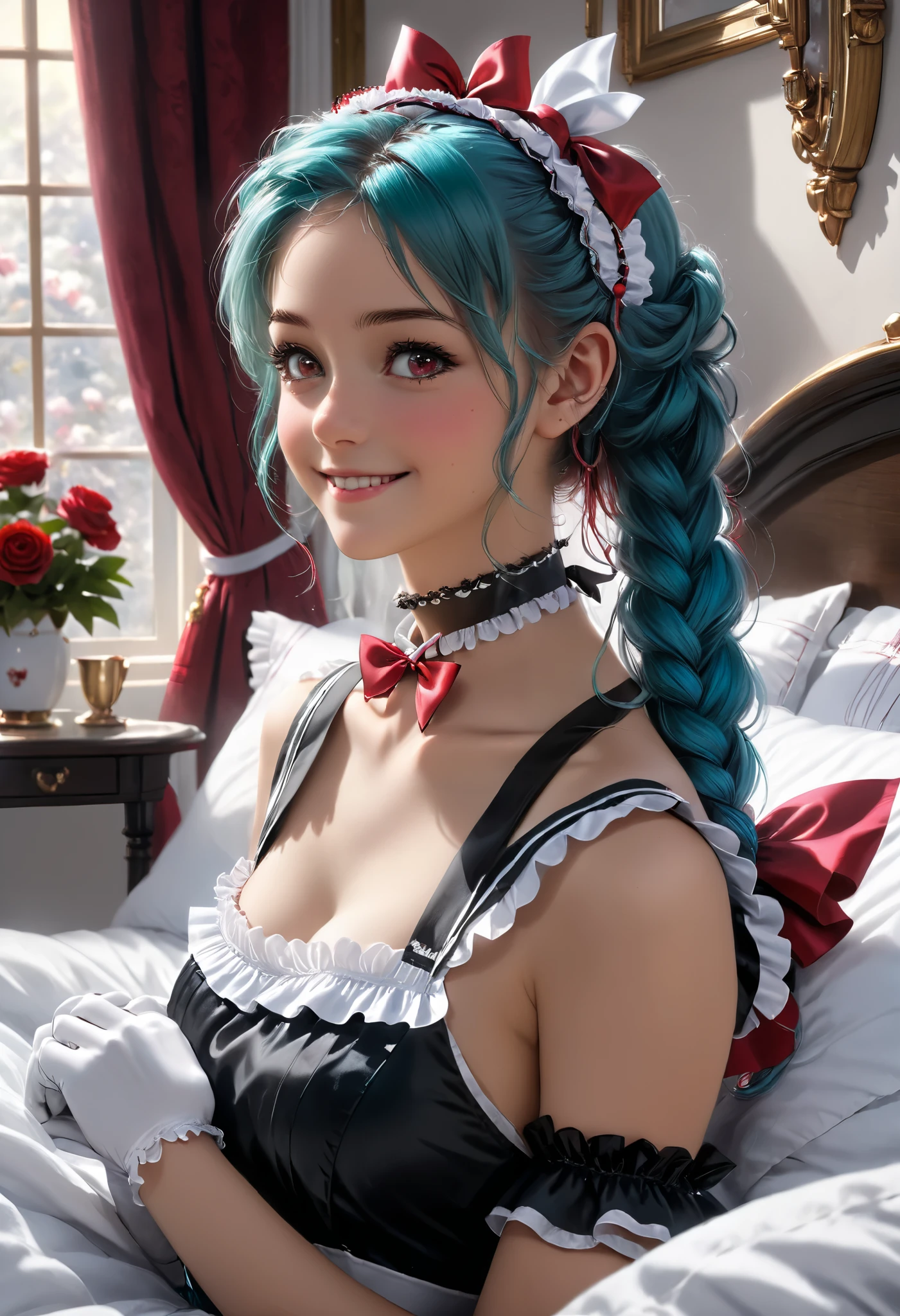 (Realistic), japan anime, (masterpiece, high quality), beautiful eyes, lying on bed, sleep, medium hair with red highlights, red eyes, maid outfit, black dress with white frills, white apron with black bows, spiked choker, big smile,wrapped in red ribbons, dressed like a charming myth present,arched back, leaning back, from the side, black gloves, belt with red ribbon, white ruffled headband, colored inner hair, multicolored hair, two-tone hair,lamiapgr, turquoise hair, long hair, braided hair,Every detail of her meticulously crafted features, from her delicate eyelashes to her subtle blush, enhances her ethereal charm.