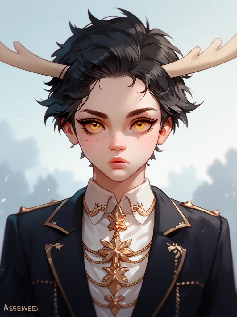 tomboy fallen angel, short wavy disheveled black hair, golden eyes, with a pair of deer antlers sticking out from her forehead, freckles, wearing a servant outfit