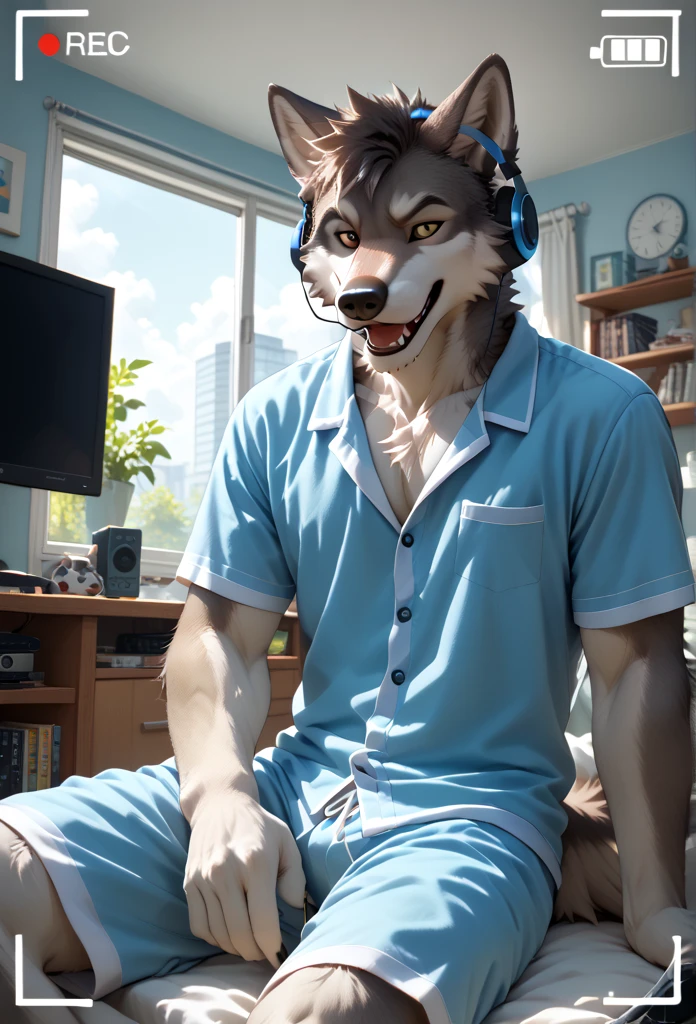 A Wolf male streaming from PC screen, recording video wearing headphones , wearing pajama shorts and wearing pajama shirt a carreaux 