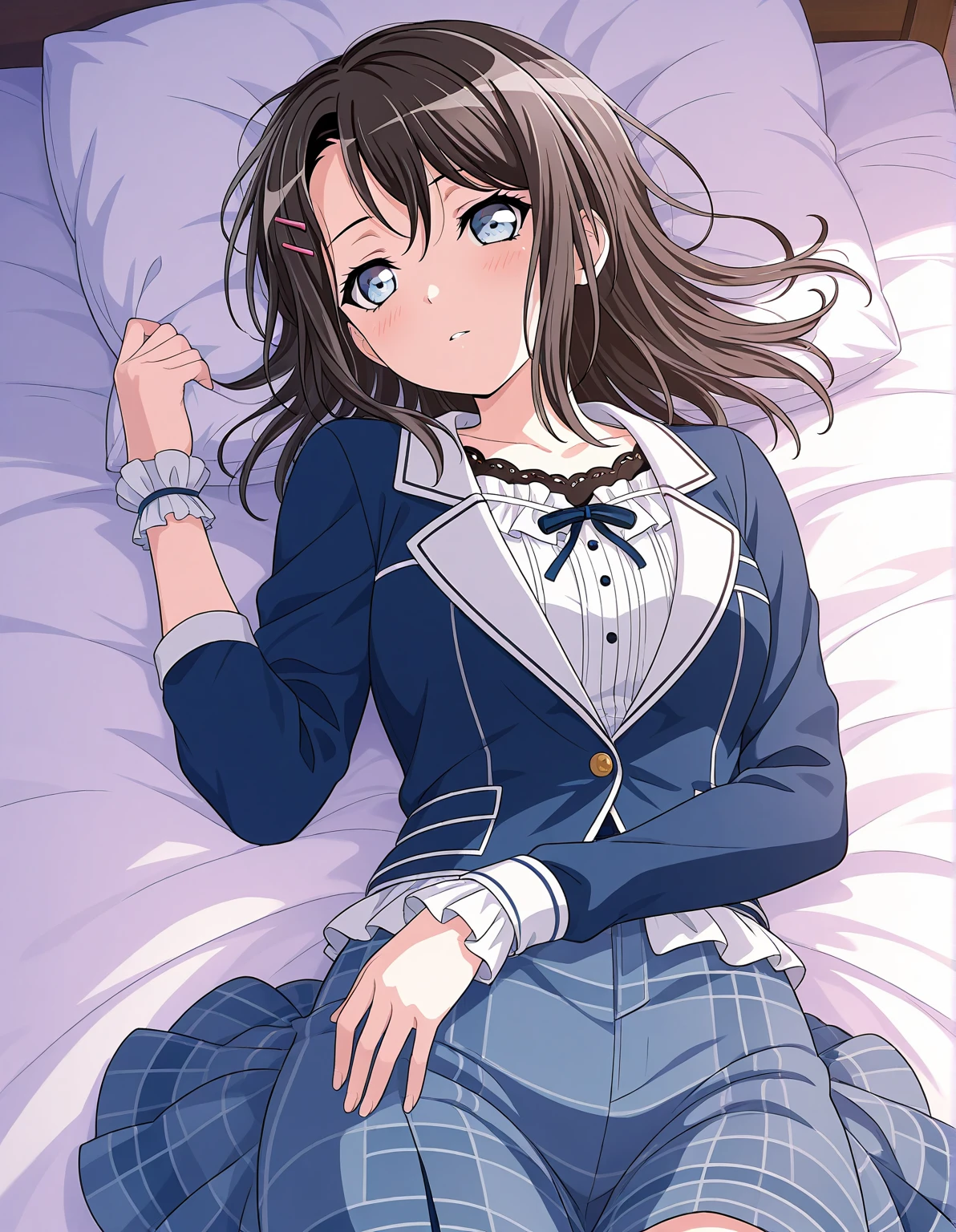 masterpiece, best quality, dutch angle, ((Maki Nishikino, blue blazer, striped blue bowtie, long sleeves, plaid miniskirt, blue miniskirt)), nsfw, middle breasts, 1 girl, ((spread pussy)), ((vaginal)), ((hands grabbing her pillow)), ((lying on bed)), ((white bed)), (open mouth), (((blush))), embarrassed, ahegao, rolling eyes, struggle, from above, ((((((1 boy)))))), ((((((((pov hand)))))))), ((((((((fingering pussy)))))))), ((pussy juice))