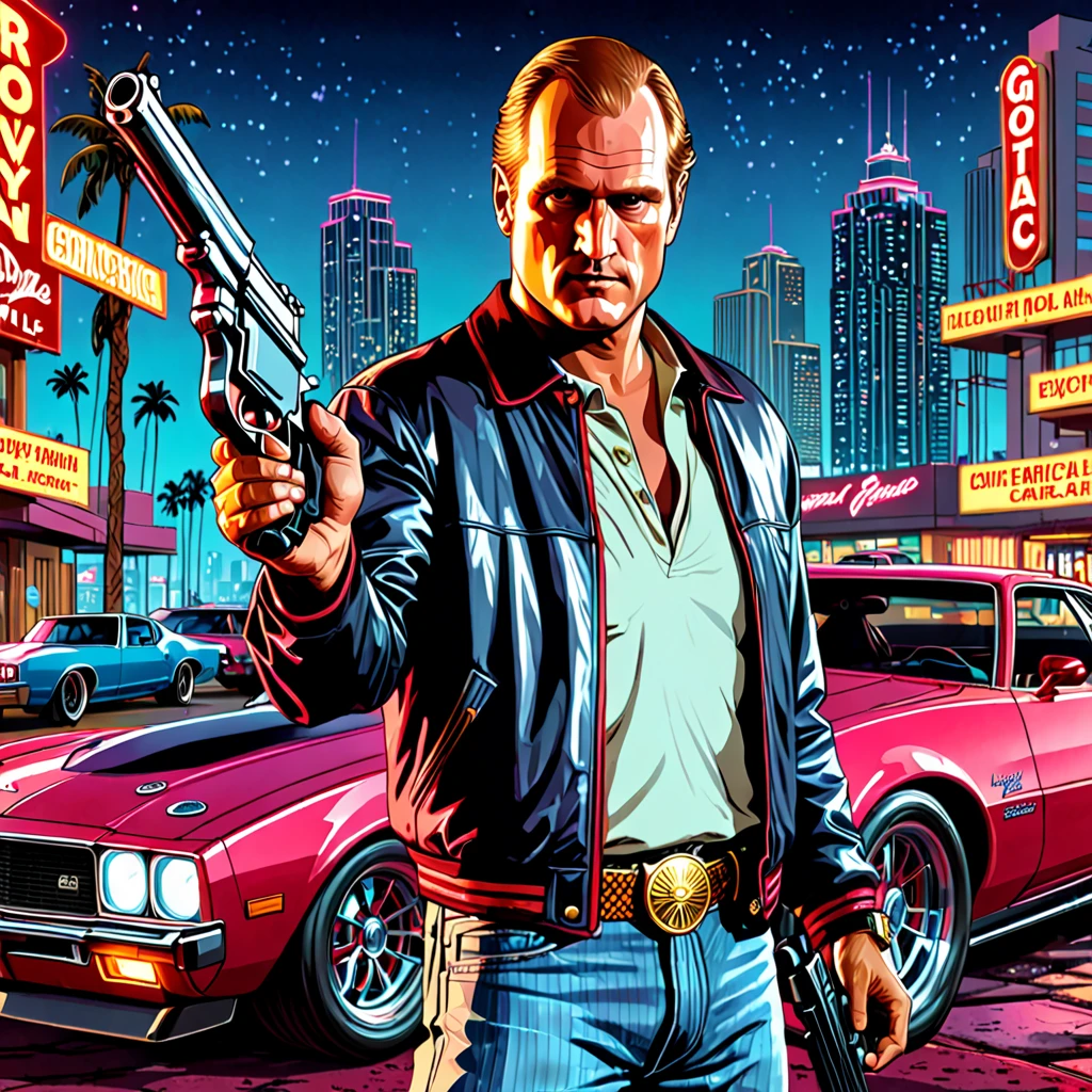 GTA pimp thug (woody harrelson) holding guns on a (redish light filter) digital cybernetic miami casino (luxurious) ((gta style)) (illustration, vector), cyberpunk, neon lights. city lights. 4k detail. ((dynamic pose, perspective angle, dynamic shot)). artwork fusion by inhyuk lee, alex ross, sorayama and mark brooks. artstation masterpiece. creative. creative gestures. fine line watercolor wash and oil paint. cinematic composition. comic-ish. realistic face. accurate hand grip. (need for speed modern cars in background). accurate proportions. smooth, (Vector:0.8)