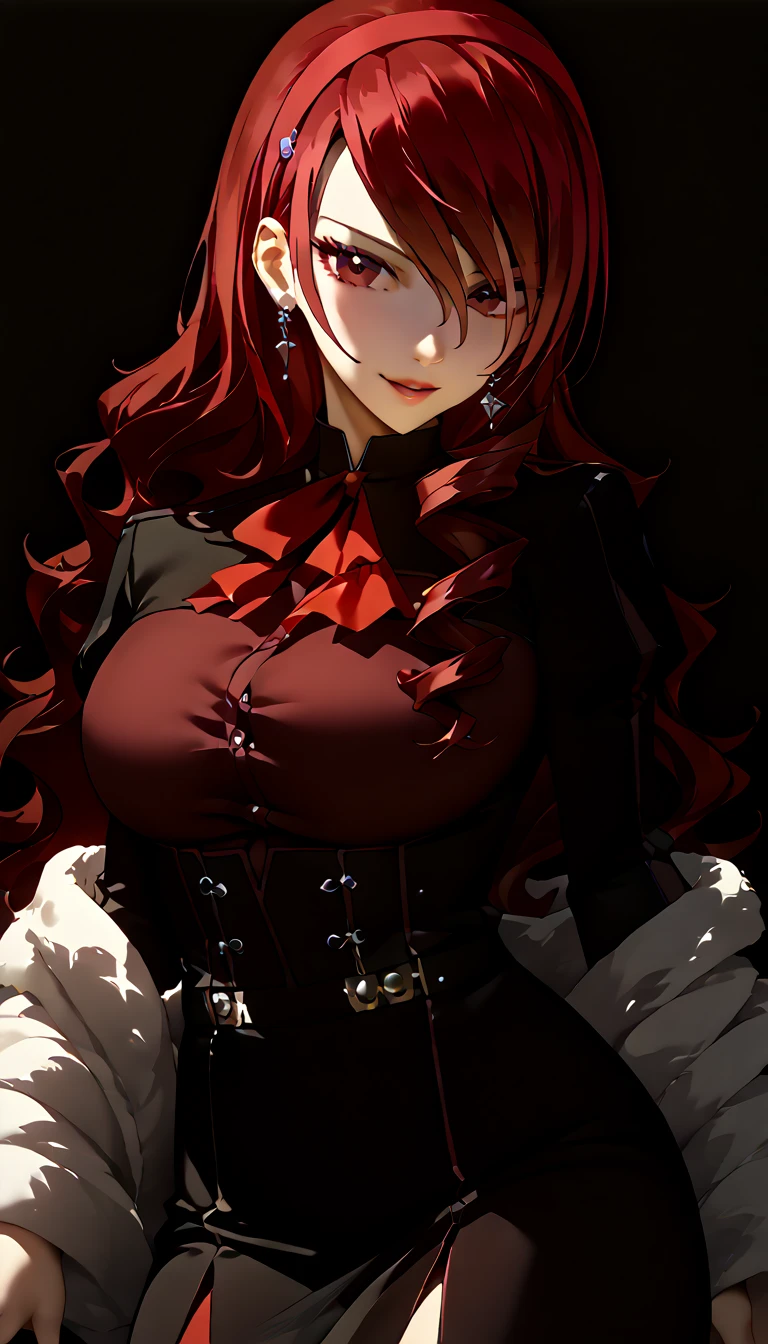 mitsuru kirijo（Persona 3）、black cocktail dress 、Accurate clothing、Black clothes、Detailed costume、cool、 、Red Hair、 one woman、 Big Breasts、   High Definition  、Masterpiece、  High Quality  、  detailed face  、   detail eyes、front、