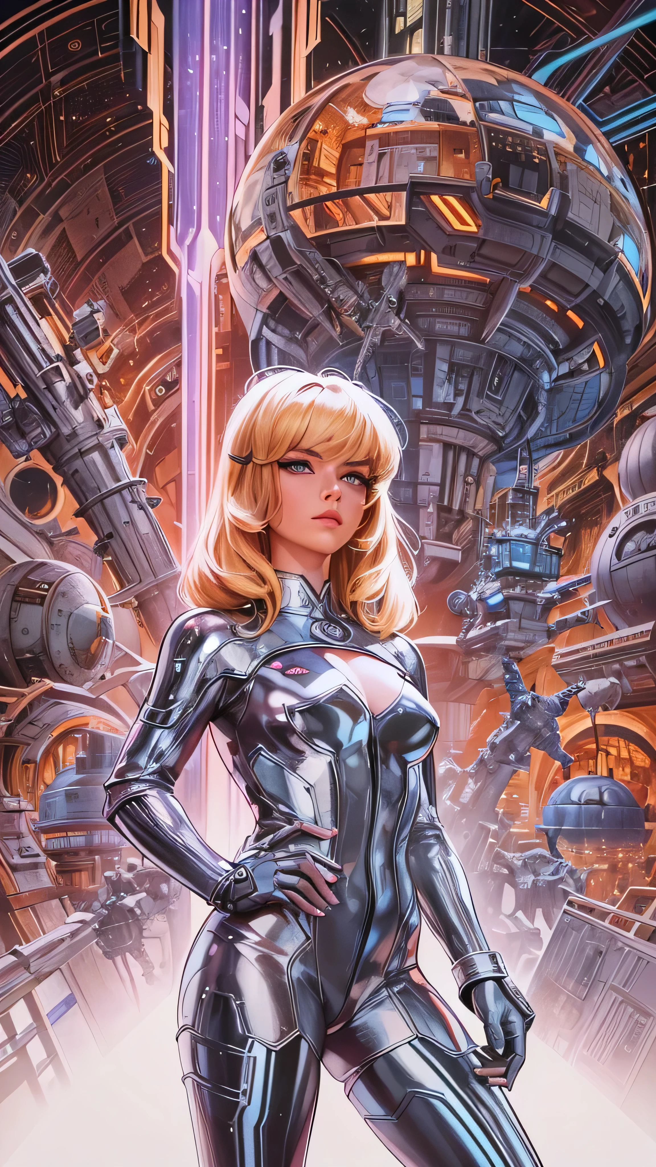 Ginger Lynn vestindo um traje espacial justo branco de seda com detalhes em renda branca, futurista cyberpunk, (((corpo inteiro))) no painel de quadrinhos, corpo todo, bold lineart illustration comics, olhos azuis sedutores, parted lips, Corpo perfeito, curved, Fitness, nsfw, ao estilo de Adam Hughes, (((obra prima))), (((adulto))) Explore retro-futuristic aesthetics, highlighting your confidence and skill. big city night, Blade Runner