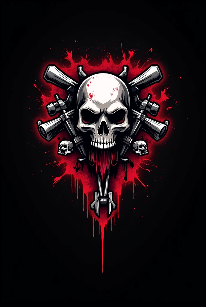 Skull design logo design for a rock band, punk, close-up of guns and roses, rockabilly,, t-shirt design,chunky style,design only,white background,no template,professional,high contrast,high resolution, Ultra-detailed, vivid colors, metallic details, sharp focus, edgy, dynamic composition, sandy texture, rough brush strokes, mechanical elements, Chrome effect, classic typography, retro style, distressed look, aggressive lines and curves, 3D rendering, stunning visual impact ,dark shadows,strong brand presence,monochromatic palette,industrial aesthetic