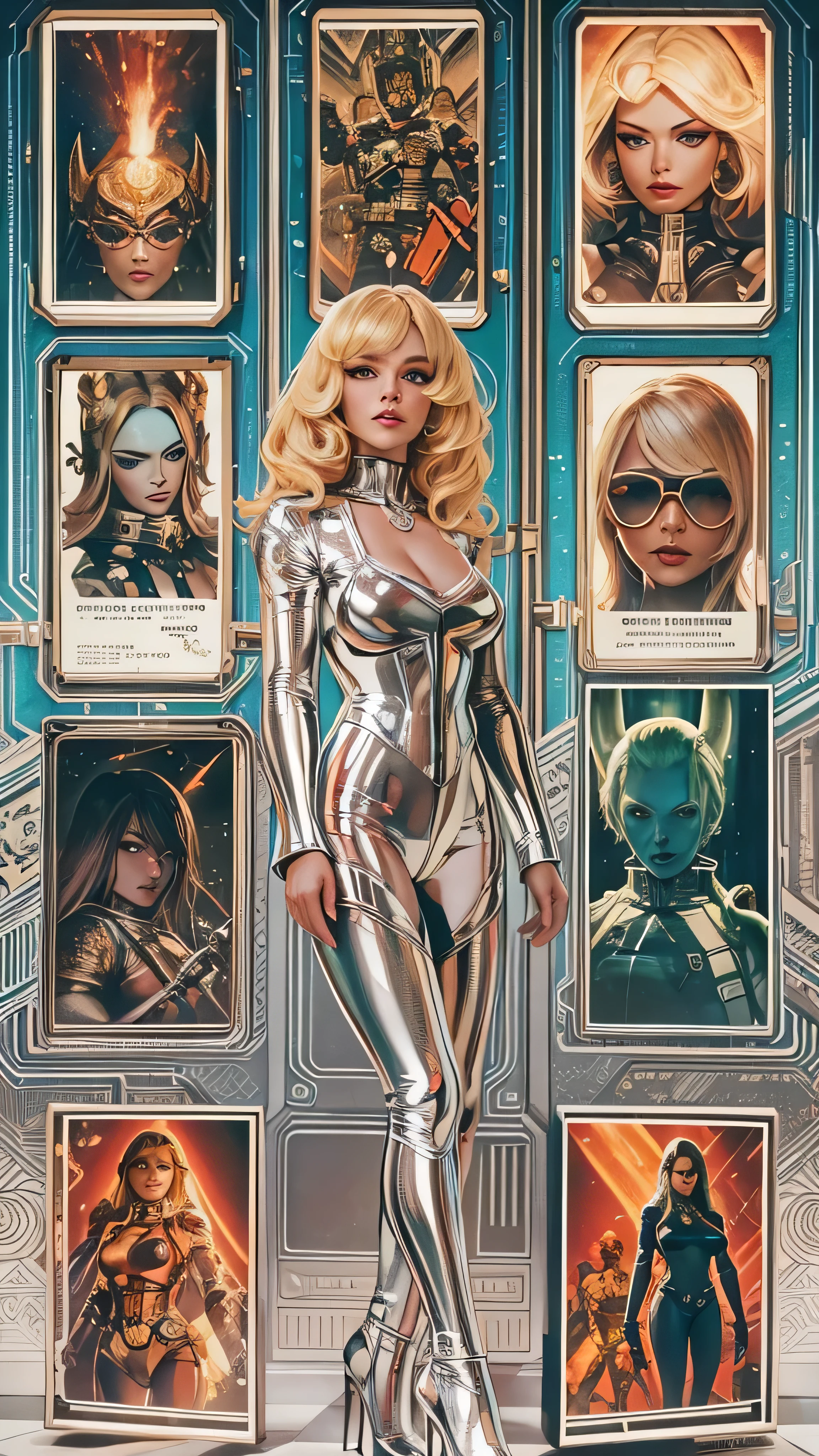 1950s retro comic, scifi, slender hot blonde space girl (realistic proportions), tight jumpsuit, cleavage, she looks at the camera, background: tentacled monster