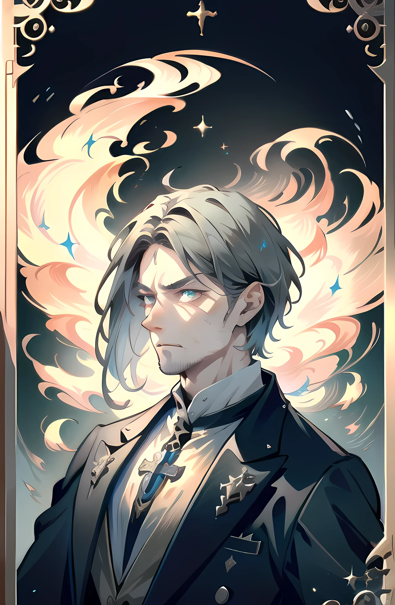 ((ultra-detailed , masterpiece, 4k)) portrait, old man, 60 years old, detailed eyes, full-length, serious face, gray hair, fantasy-style clothing, priest