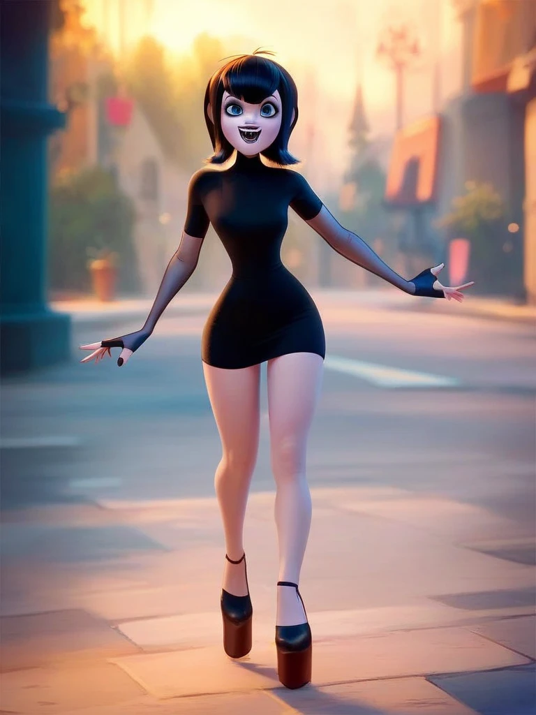 m_d, 1girl, vampire, black hair, blue eyes, goth makeup, looking at viewer, front view, sexy pose, platform heels, score_9, score_8_up, score_7_up, black eye liner running, angy