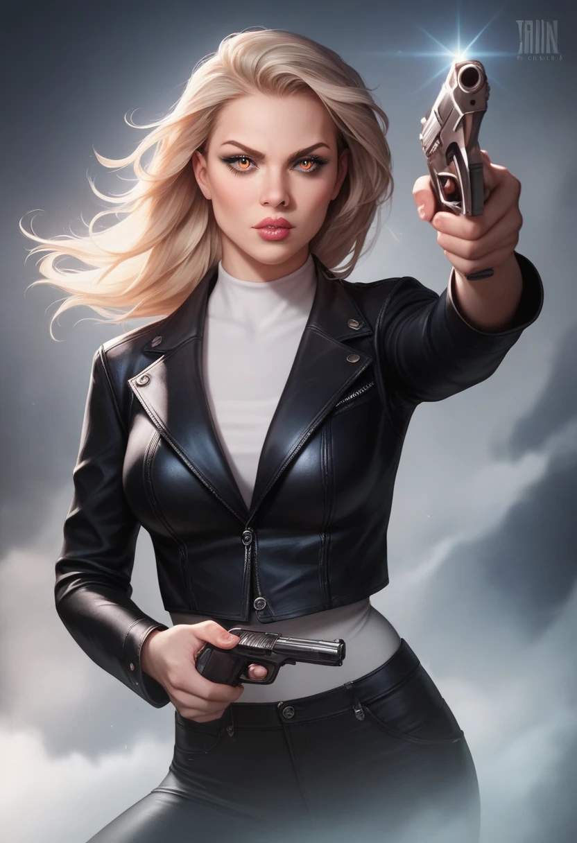 1girl, cowboy shot of beautiful sinclair, grin, teeth, black sweater, holster, green pants, belt, holding gun, finger on trigger, dark background, looking at viewer, volumetric lighting, best quality, masterpiece, retro artstyle, <lora:sxz-helga-sinclair-v6:0.8>
