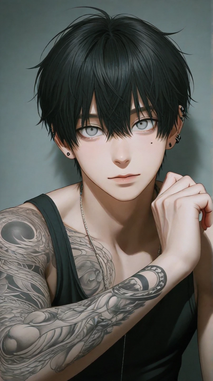  black-haired boy , gray eyes and tattoos. He is 18 years old