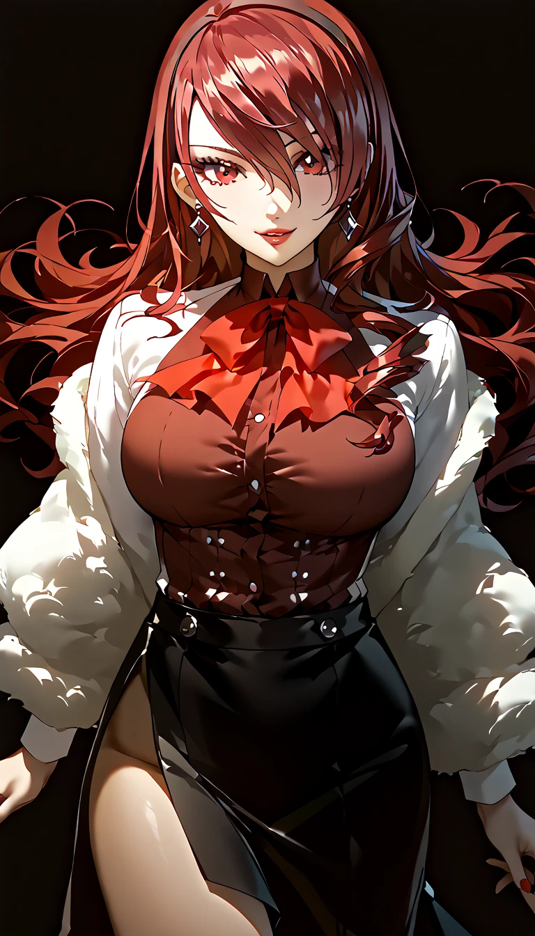 mitsuru kirijo（Persona 3）、 black party dress、Accurate clothing、Detailed costume、cool、 、Red Hair、 one woman、 Big Breasts、   high definition  、Masterpiece、  High Quality  、  detailed face  、   detail eyes、front、