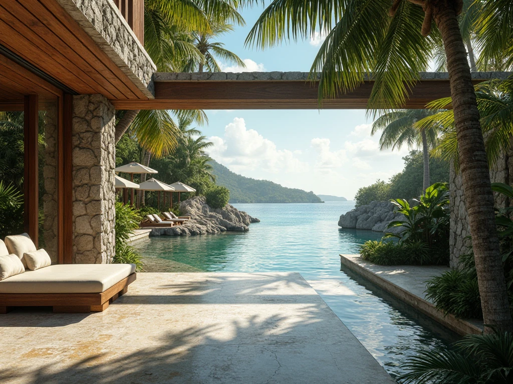 create a conceptual image of the interior of some villas in front of a Caribbean lagoon ,  the lower one must be inspired by elements such as nature and Mayan culture using materials such as chukum, water stone and boho style 