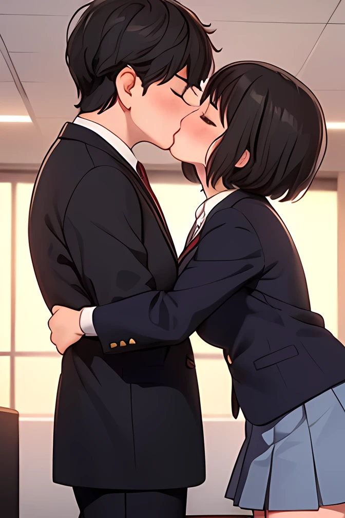 (((Kiss:1.5))),(((  High Quality  ,    high definition   ,))),((( female and male please kiss:1.4))), heterosexual,break, 1 adult female ,iris,  soft lips  ,,iris, Dark Eyes,(  small eyes  ),( Slanted Eyes ),  black hair ,((( short hair))),(((skirt stature))),(( chubby)), Big Breasts, blue blazer ,  grey pleated skirt,(( close eyes))/break,  2 adult male , black hair,Short Hair, business suits , ties,sweating,/break,indoor,upper body,