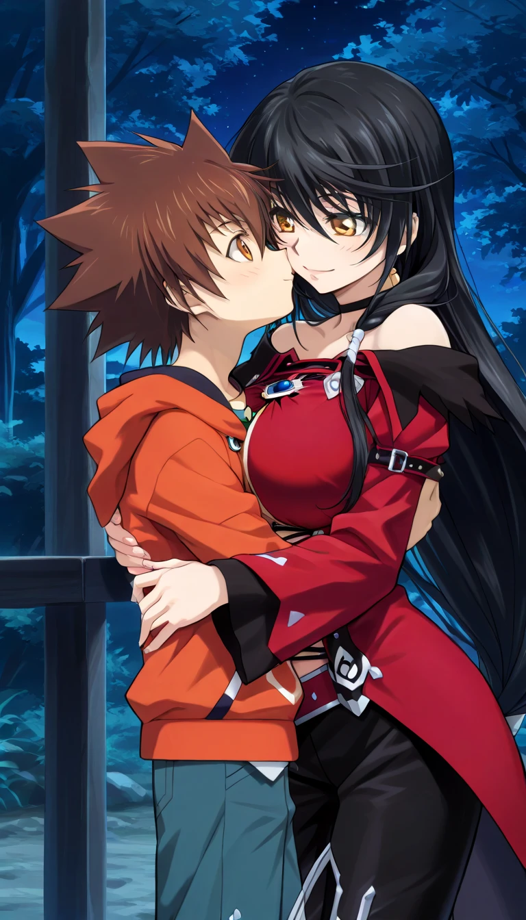 masterpiece,top-quality,source_anime,best quality, clear face,Velvet Crowe,tales of verseria,1girl,solo,black hair,very long hair,gold eyes,very large breasts, perfect body,beauty,very huge breasts,narrow waist,bust size is 250cm over,sexy,seductive anime girl,One Shota,Tsunayoshi Sawada,tsuna_hyper,A boy with very messy brown hair,she has black hair,she has black hair,she has black hair,she has black hair,she has gold eyes,he has very messy brown hair,he has very messy brown hair,he has very messy brown hair,she has gold eyes,she has gold eyes,he has orange eyes,he has orange eyes,he has orange eyes,night Forest and spring,she is smiling seductively,Boy and woman are kissing,Boy and woman are hugging,red hooded hoodie,Jeans pants