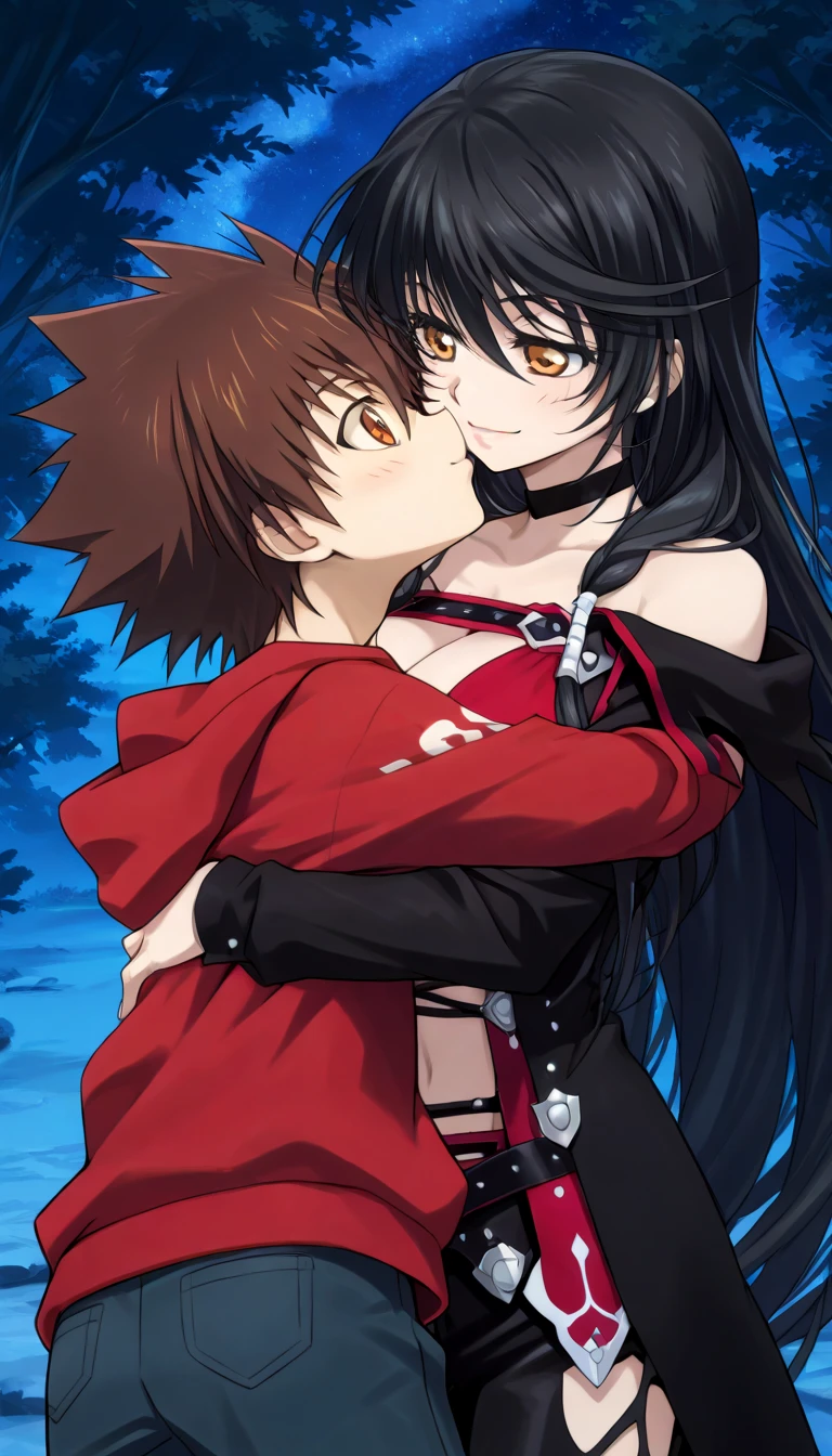 masterpiece,top-quality,source_anime,best quality, clear face,Velvet Crowe,tales of verseria,1girl,solo,black hair,very long hair,gold eyes,very large breasts, perfect body,beauty,very huge breasts,narrow waist,bust size is 250cm over,sexy,seductive anime girl,One Shota,Tsunayoshi Sawada,tsuna_hyper,A boy with very messy brown hair,she has black hair,she has black hair,she has black hair,she has black hair,she has gold eyes,he has very messy brown hair,he has very messy brown hair,he has very messy brown hair,she has gold eyes,she has gold eyes,he has orange eyes,he has orange eyes,he has orange eyes,night Forest and spring,she is smiling seductively,Boy and woman are kissing,Boy and woman are hugging,red hooded hoodie,Jeans pants